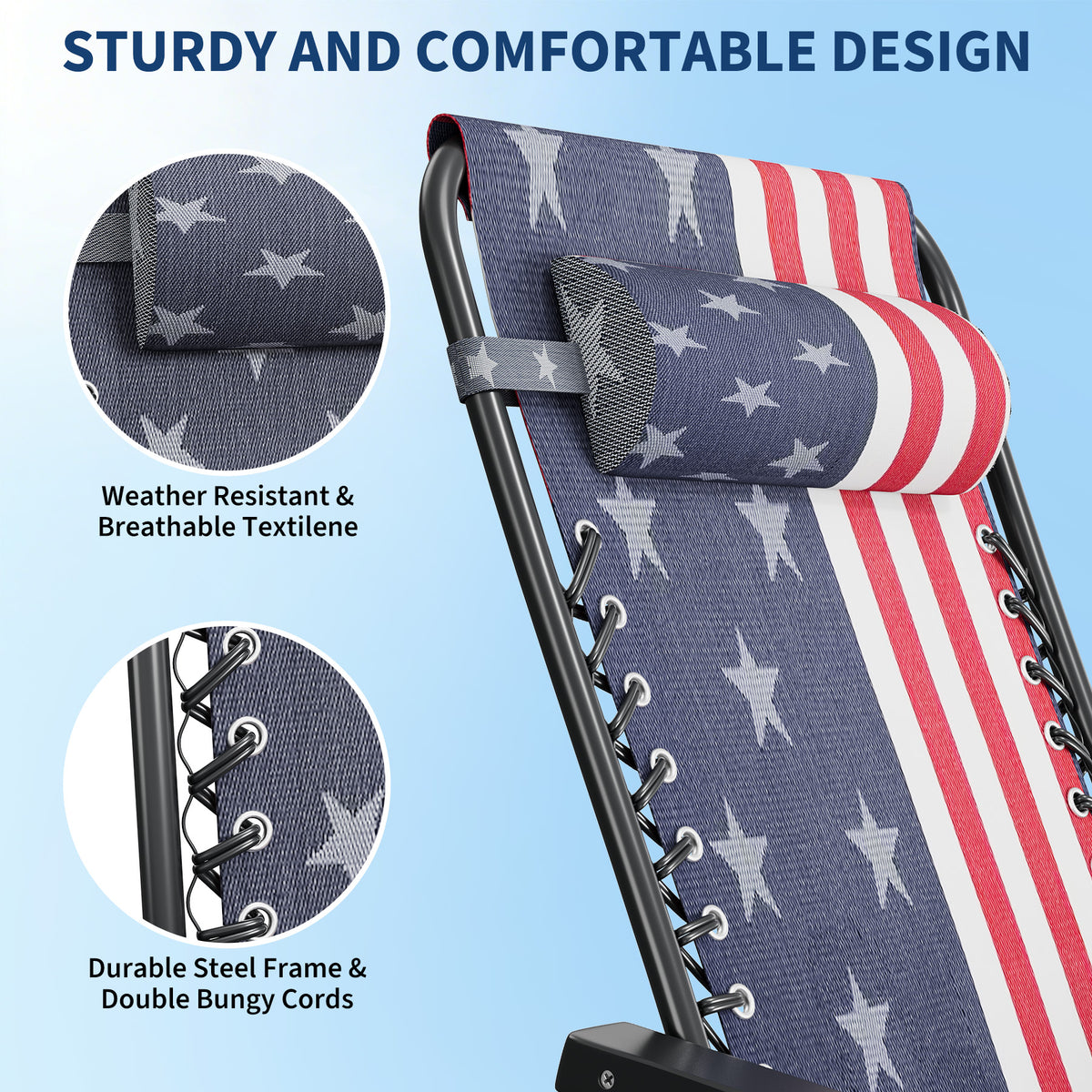 Riedhoff Weather-Resistant Zero-Gravity Chairs with Pillows & Cup Holder Trays -Set of 2, American Flag