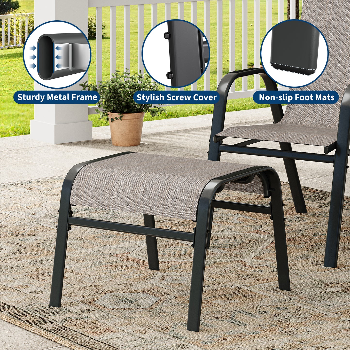Garvee Stackable Outdoor Ottomans Set of 2,All-Weather Textilene Foot Stool with Metal Frame