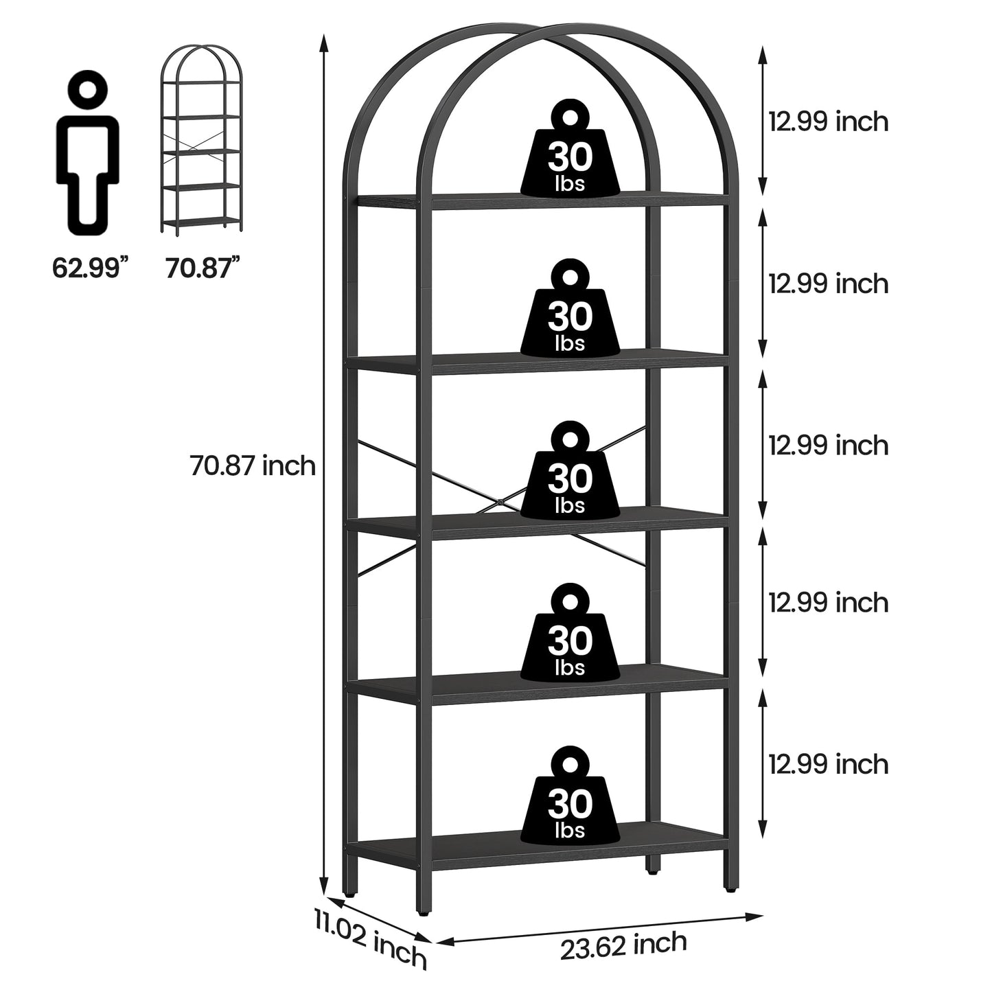 Goldensoil 5 Tier Bookcase, Arched Display Rack, Metal Frame, Modern Storage Rack Shelf, Black