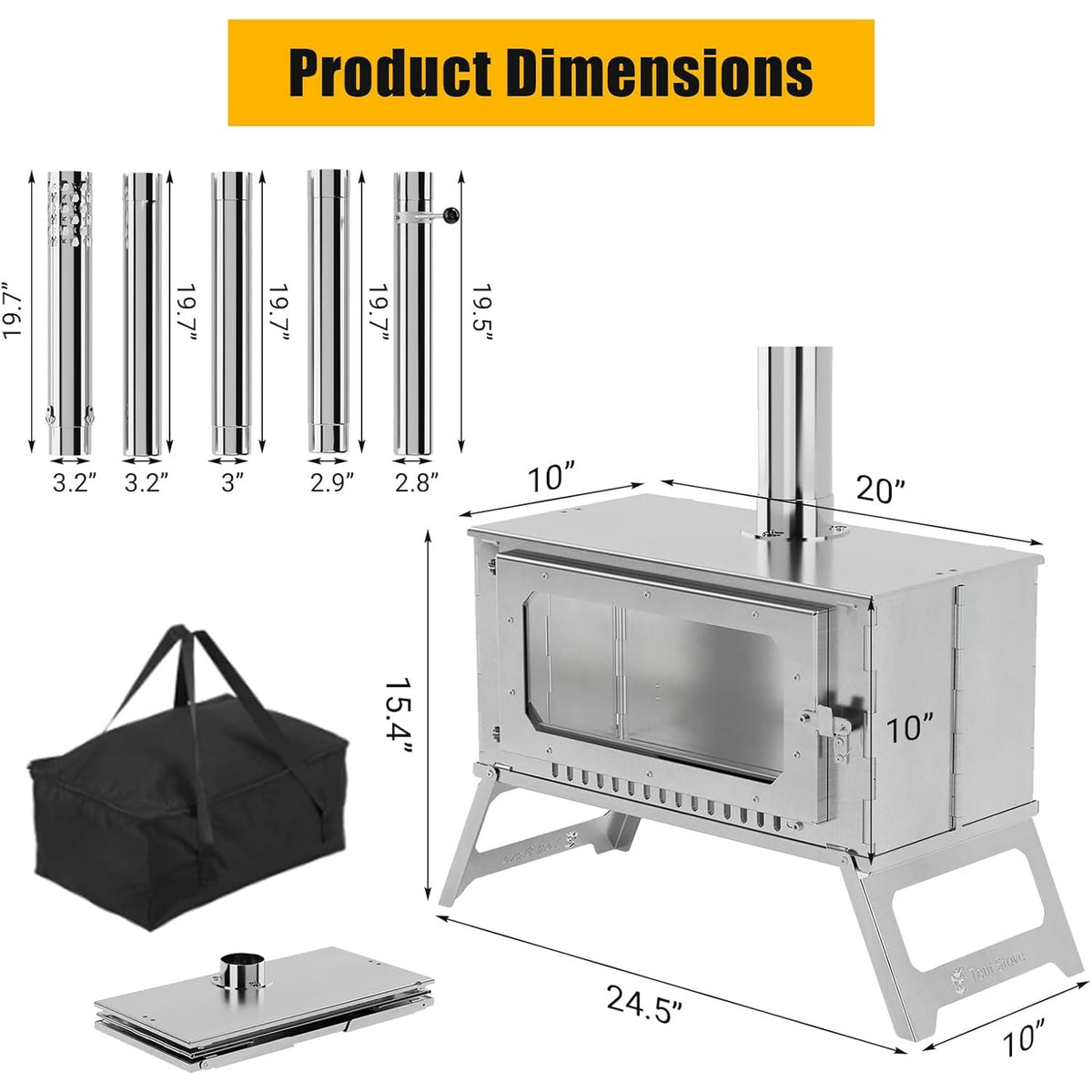 Garvee Hot Tent Stove With View Glass, Wood Burning Stove for Camping, 5 Chimney Pipes, Silver