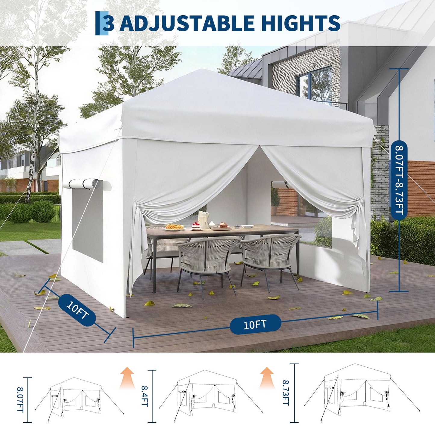 Garvee 10 x 10 ft Pop up Canopy Tent with 4 Sidewalls, 3 Adjustable Heights, White