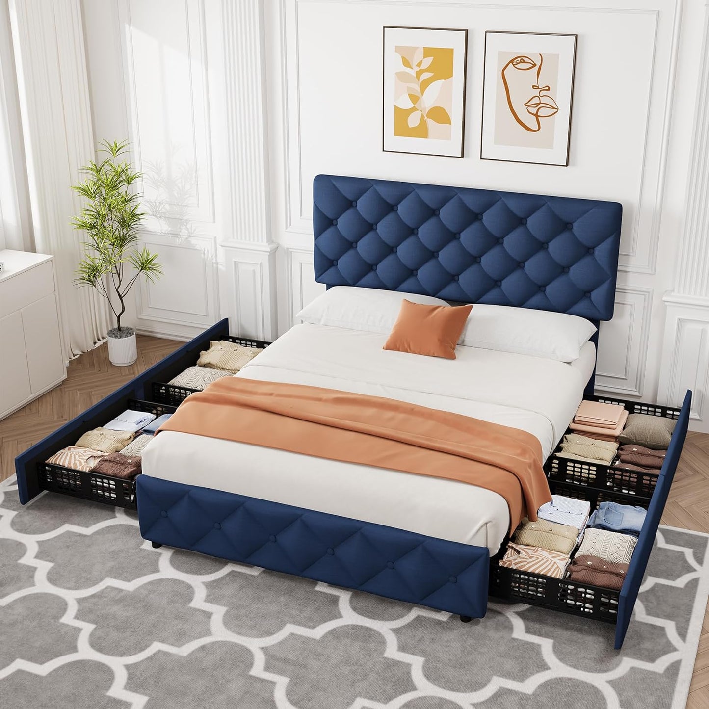 GARVEE Bed Frame with 4 Storage Drawers & Adjustable Headboard