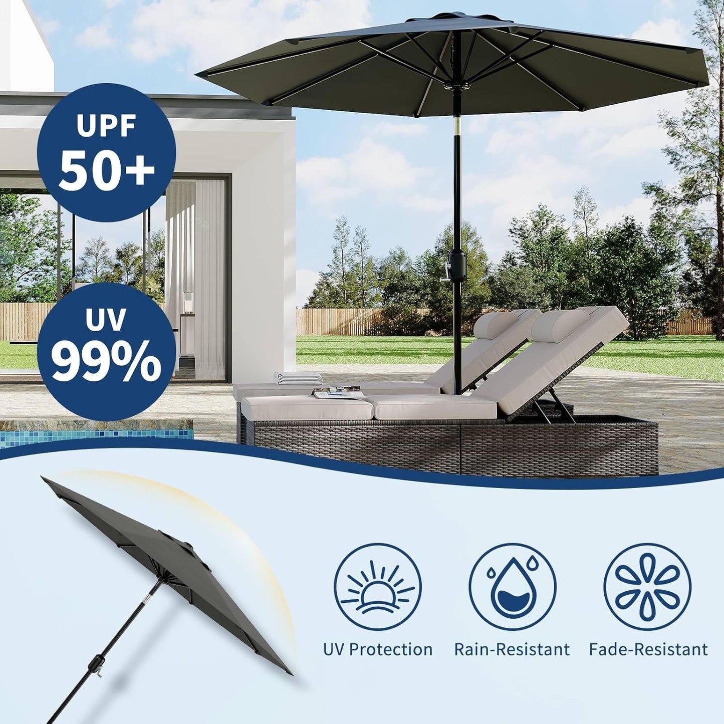 Garvee Outdoor Octagon Patio Umbrella, 8.69 x 8.69 x 7.87 ft, 8 Sturdy Ribs