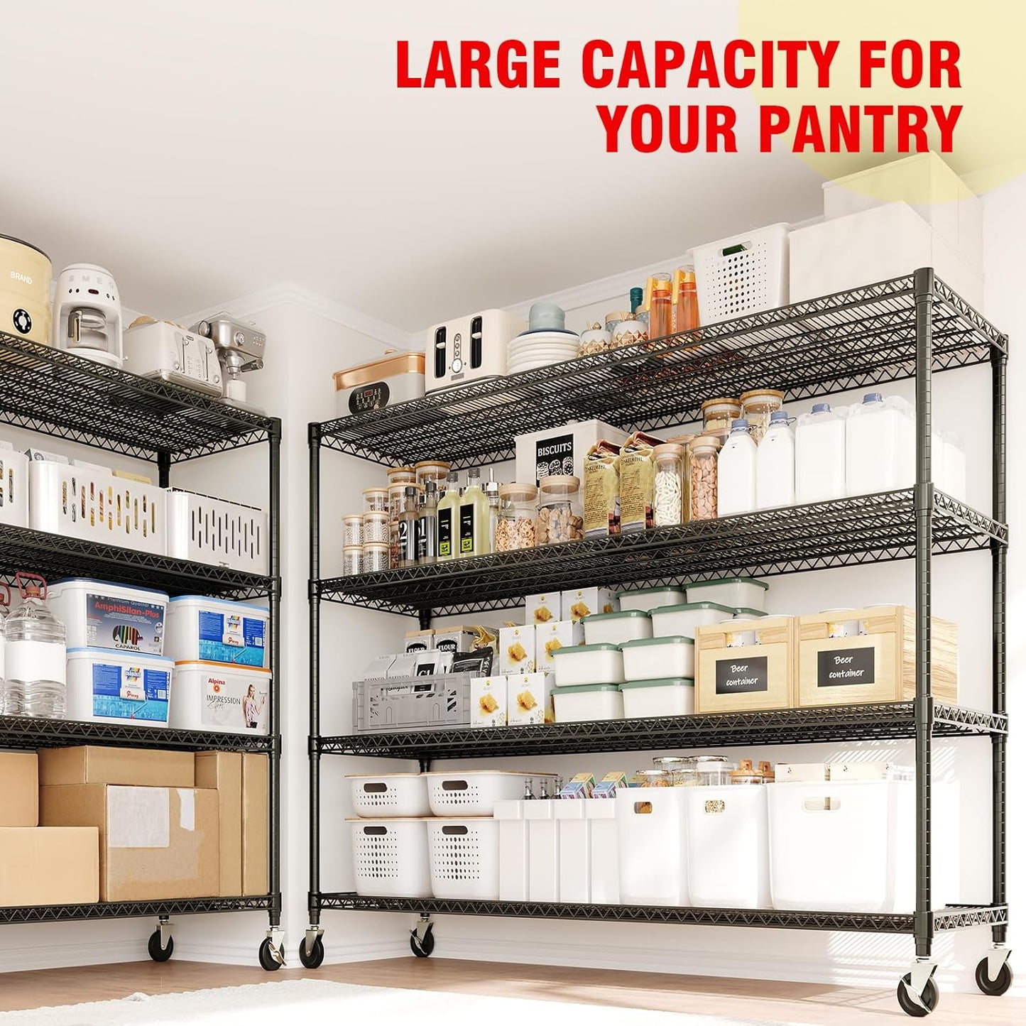 Garvee 4 Tier Metal Storage Shelving Unit with Wheels, Adjustable Rack Shelf, 59" x 23.9" x 73.8", Black