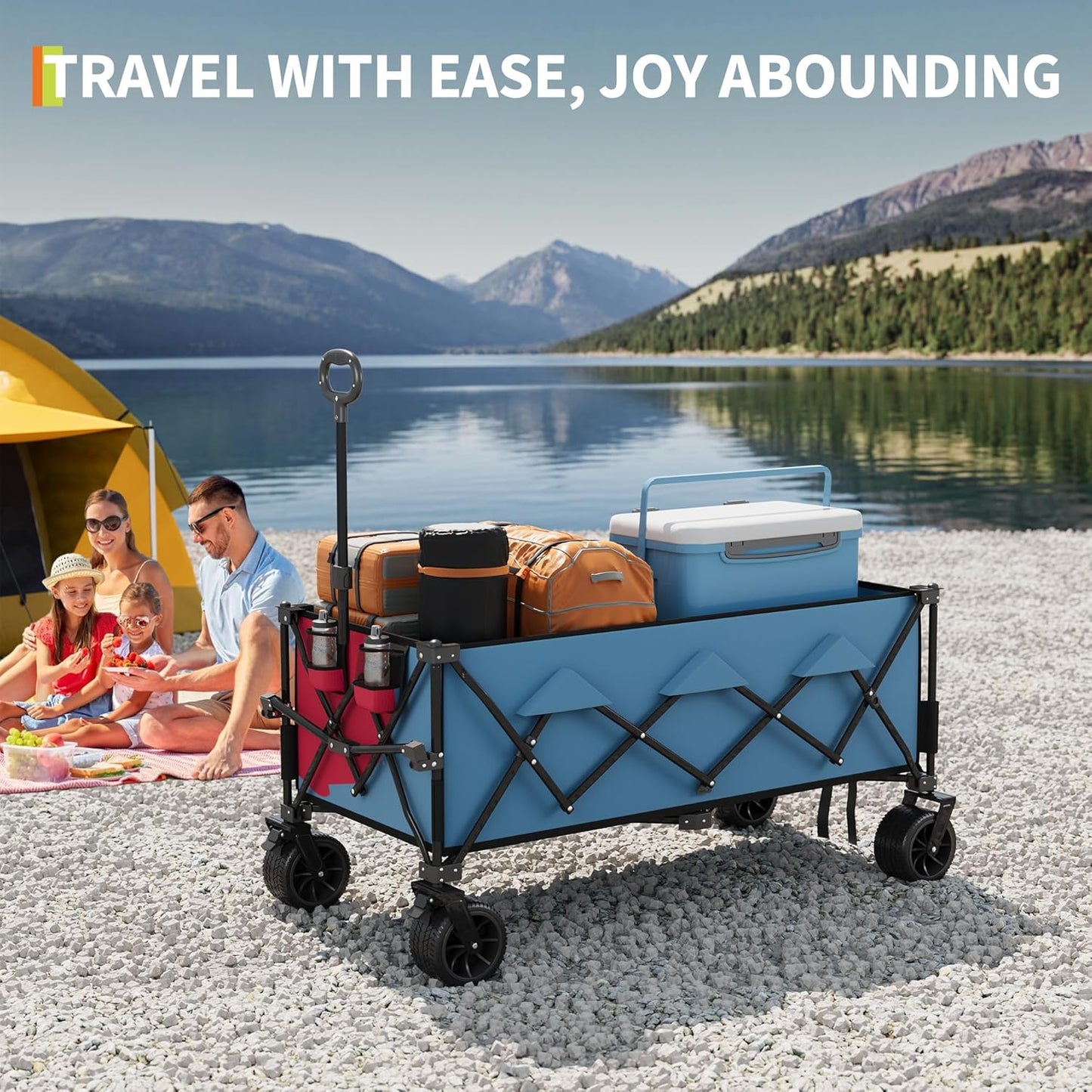 Garvee Extra Long Collapsible Wagons Carts, 54 x 29 x 42", All Terrain Wheels, Cup Holders