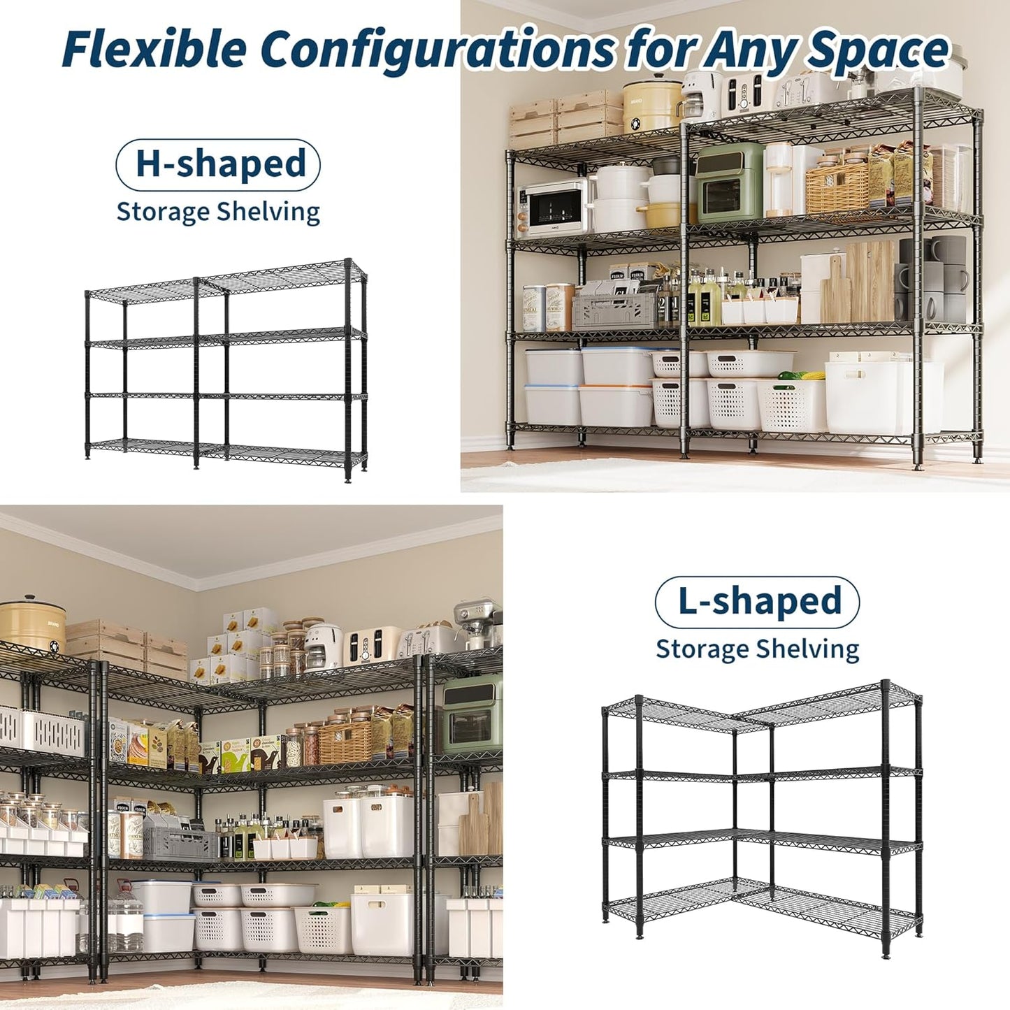 Garvee Metal Storage Shelves, Adjustable, H / L-shaped Shelf, Black