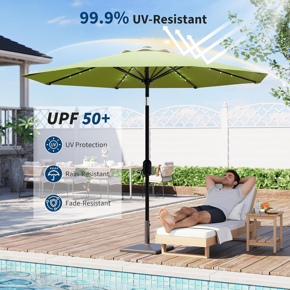Riedhoff 9 feet Patio Umbrella with 32 LED Solar Lights, 8 Ribs, Tilt Crank