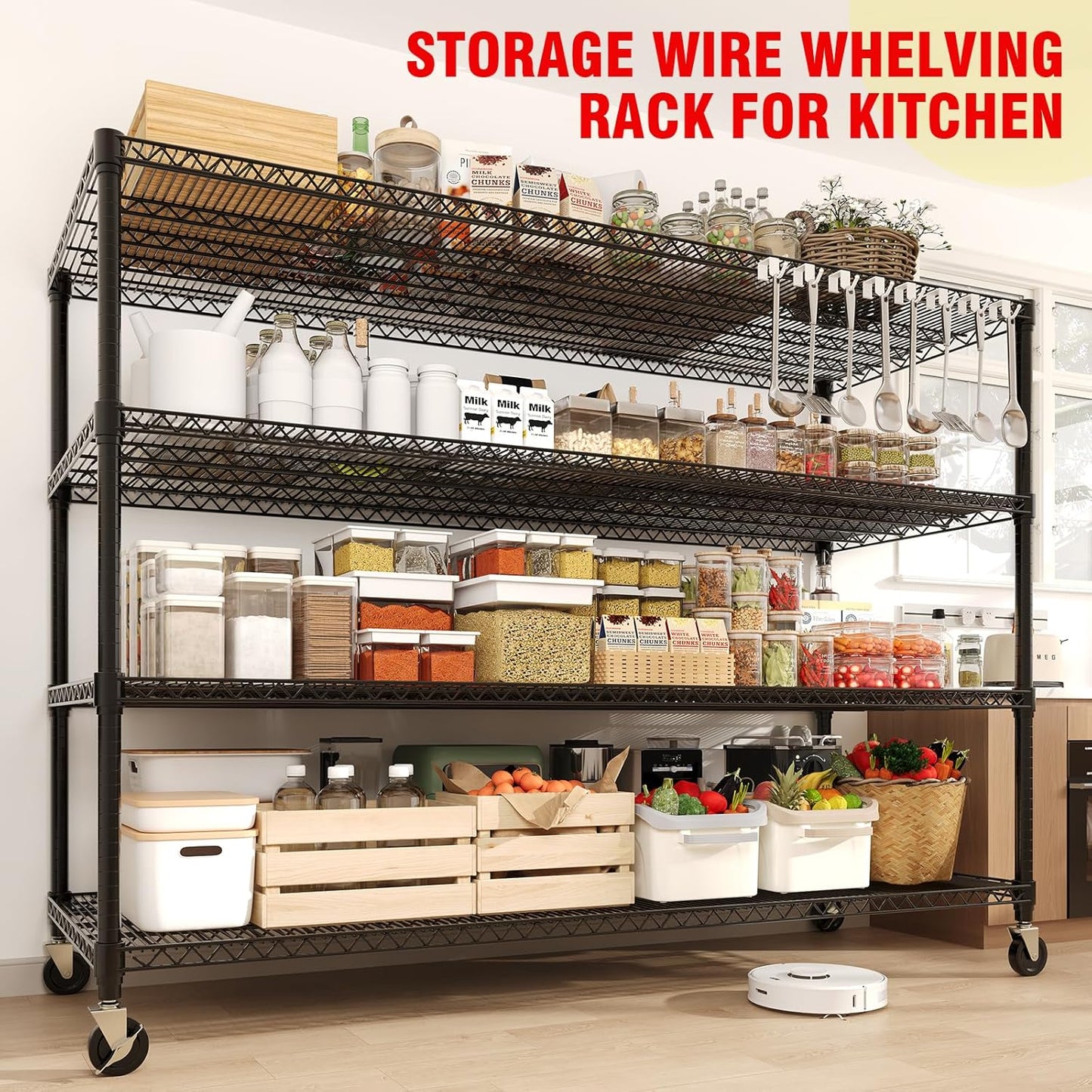 Garvee 4 Tier Metal Storage Shelving Unit with Wheels, Adjustable Rack Shelf, 59" x 23.9" x 73.8", Black