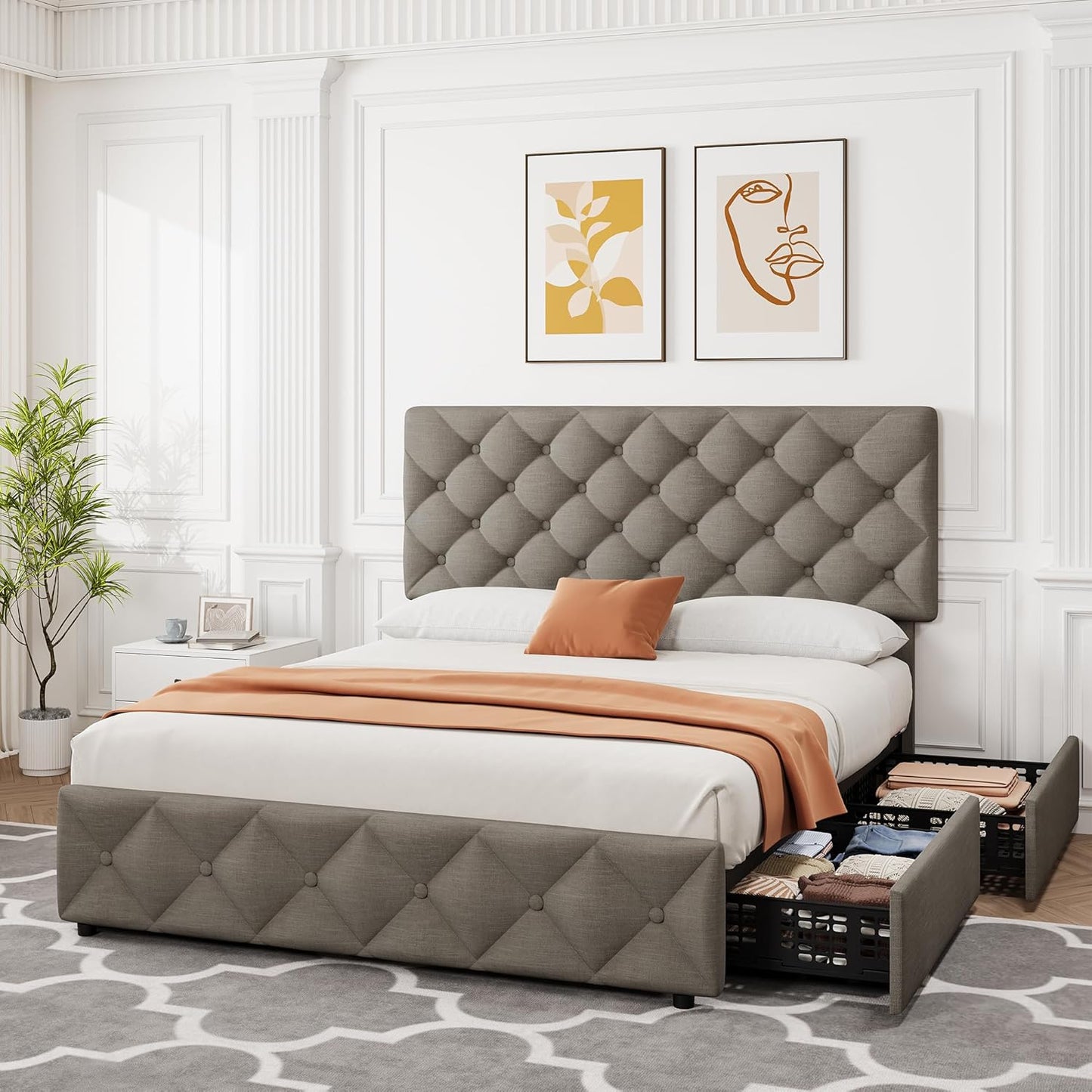 GARVEE Bed Frame with 4 Storage Drawers & Adjustable Headboard