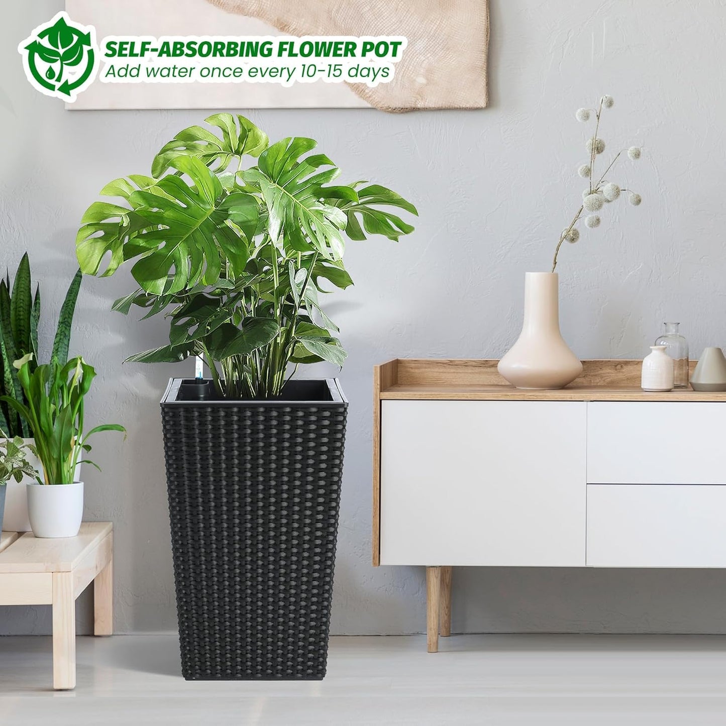 Garvee 15.6" Tall Planter Pots Set of 2, Rattan style, Tray & Water Level Monitor
