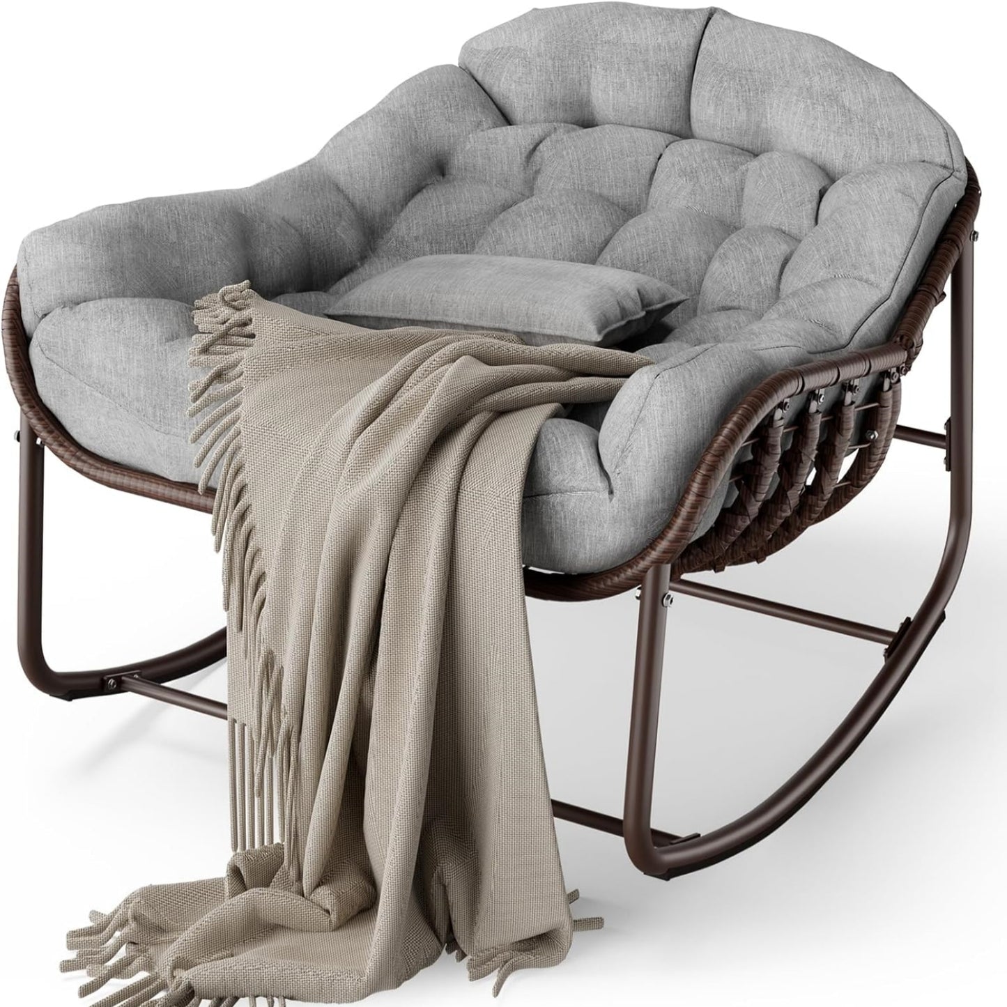 Garvee Outdoor Rocking Chair with Cushion, 36.6 x 33 x 25.2", Oversized Papasan Rocker