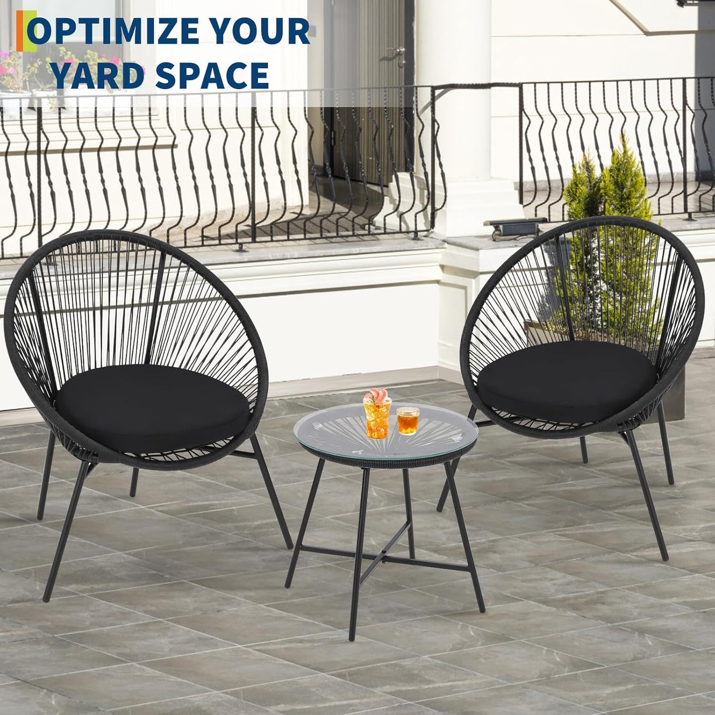 Garvee 3 Piece Patio Bistro Set, Acapulco Chairs with Cushions & Glass Top Side Table, Black