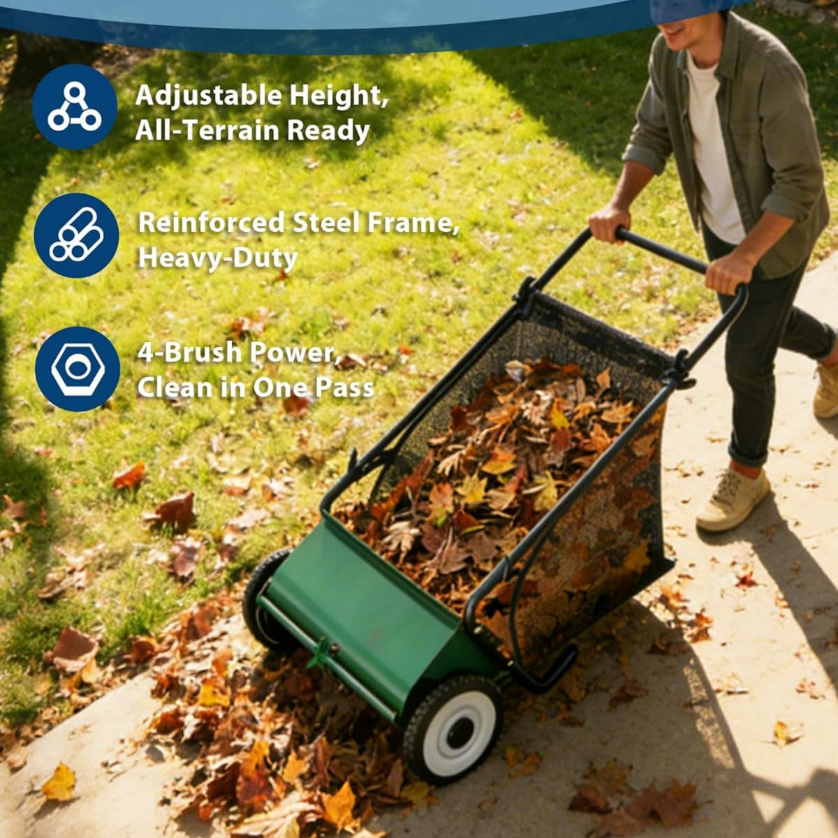 Riedhoff 26" Push Lawn Sweeper,4 Spinning Brushes, 7 Cu. Ft Capacity Collection Bag, Adjustable Height