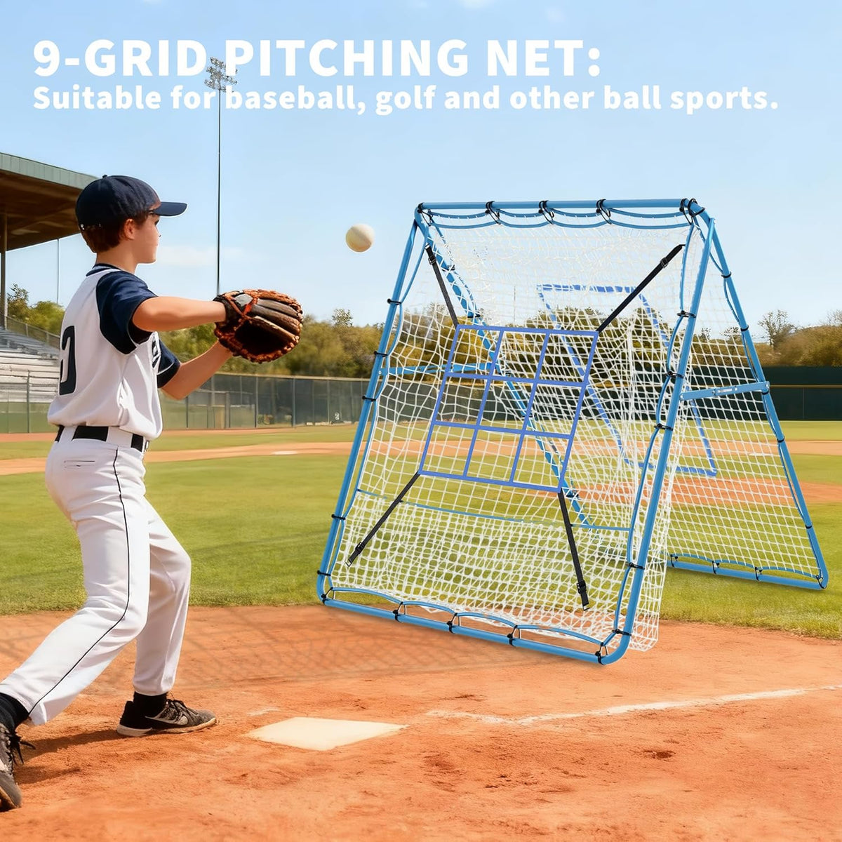 Riedhoff Baseball Pitching Rebounder Net, 5 x 4 ft, 9 Hole Batting Target, Adjustable Angle, Blue