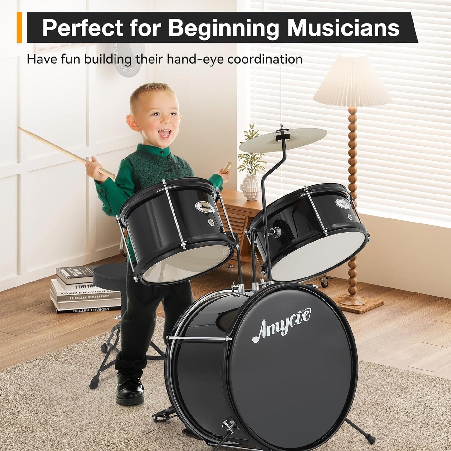 Garvee 3 Piece Beginner Drum Set for Kids Juniors, with Drum Sticks & Drum Throne Seat