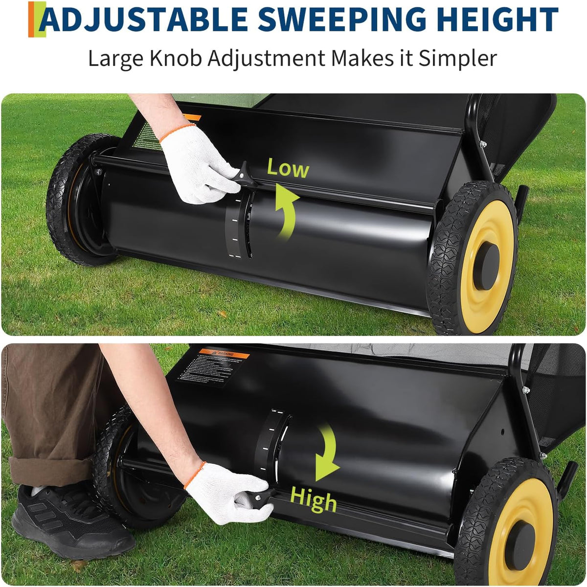 Riedhoff 26" Push Lawn Sweeper,4 Spinning Brushes, 7 Cu. Ft Capacity Collection Bag, Adjustable Height