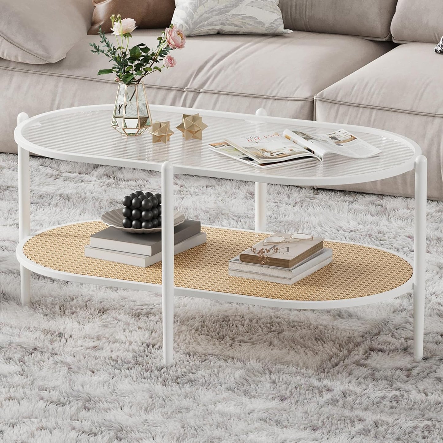 Garvee 2 Tier Oval Rattan Coffee Table 37.4 x 19.6 x 18.1", with Storage
