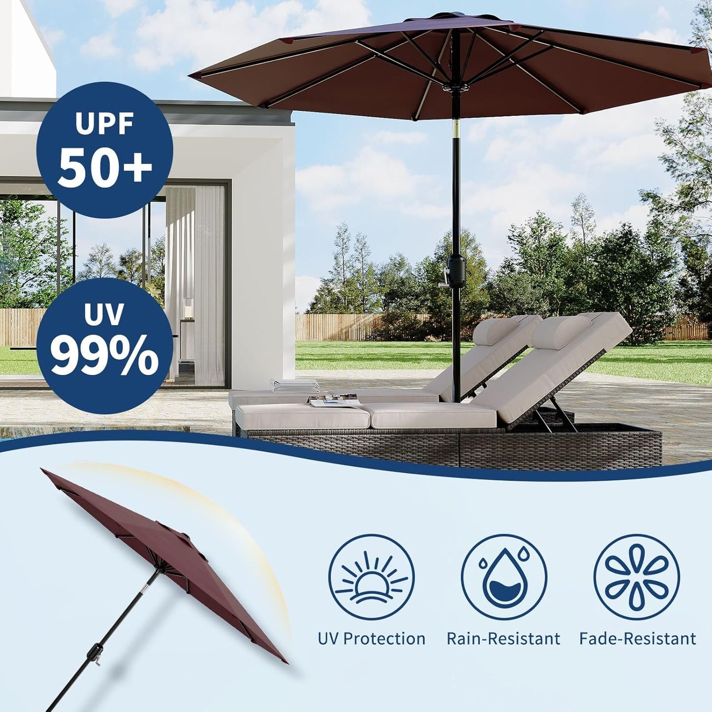 Garvee Outdoor Octagon Patio Umbrella, 8.69 x 8.69 x 7.87 ft, 8 Sturdy Ribs