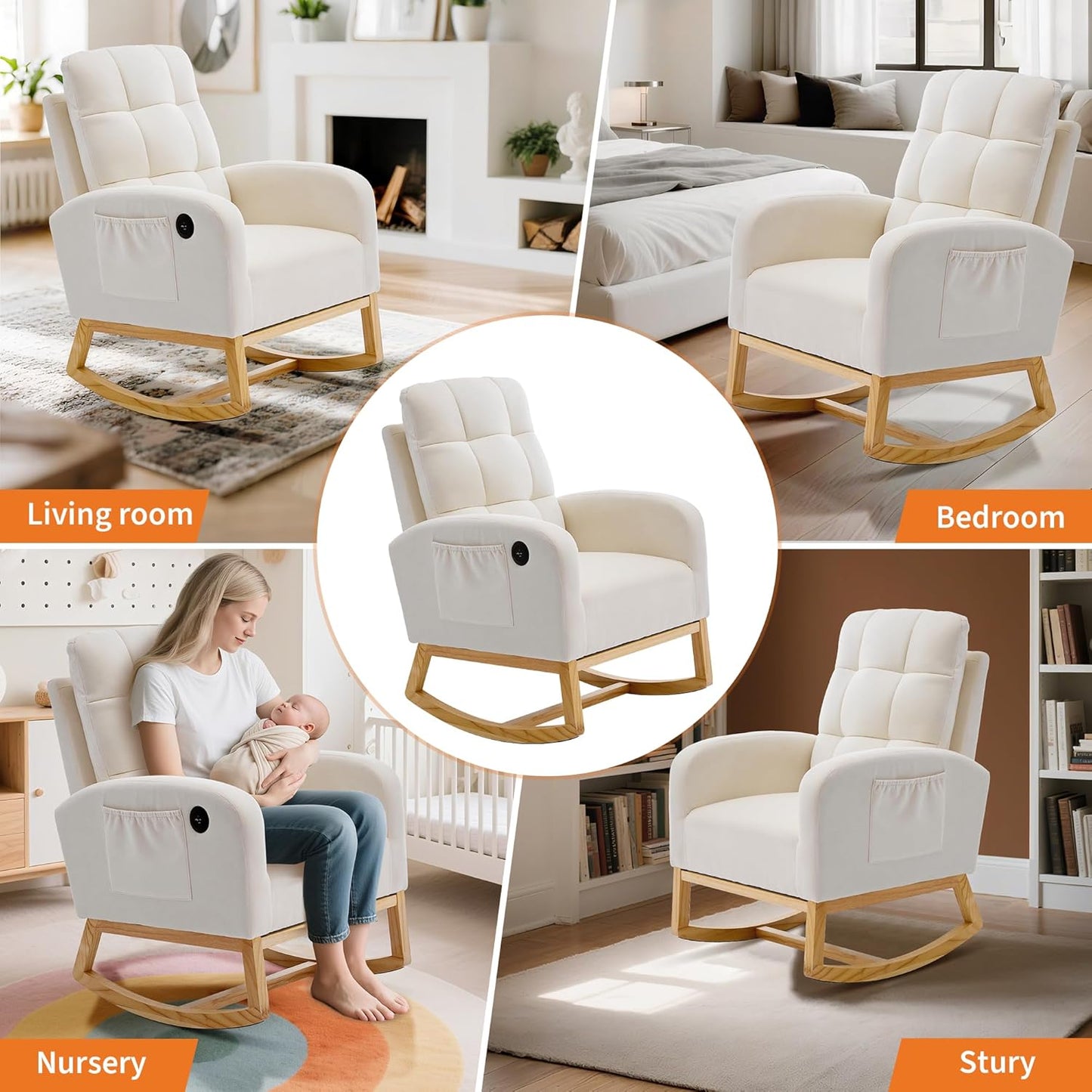 Garvee Nursery Rocking Chair 34.2 x 25.9 x 40.9", with USB Port, High Back, Beige