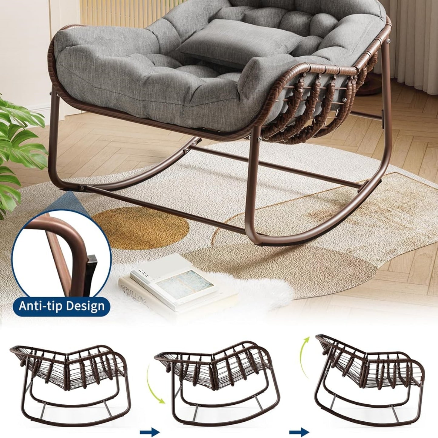 Garvee Outdoor Rocking Chair with Cushion, 36.6 x 33 x 25.2", Oversized Papasan Rocker