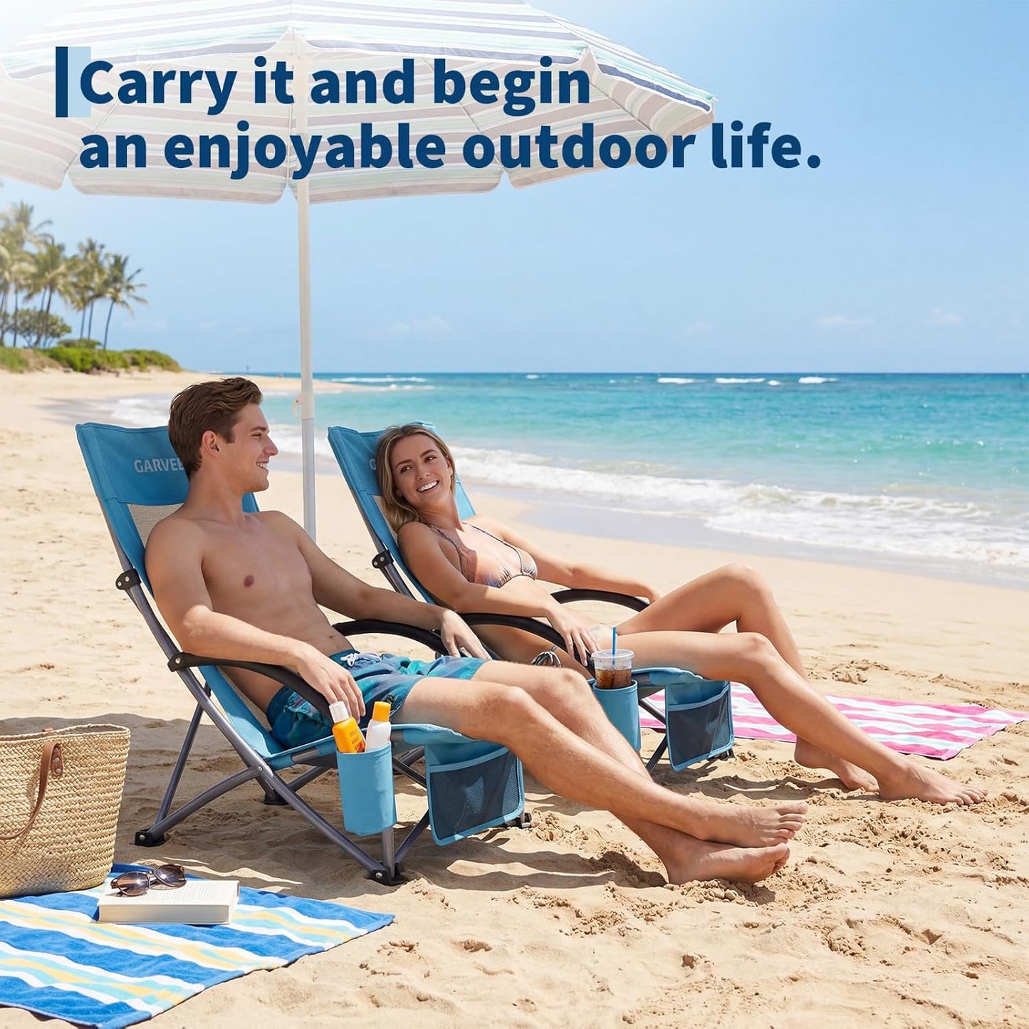 Garvee High Back Beach Chair, 28.2 x 23.5 x 32.3" with Cup Holder & Storage Pocket, Blue