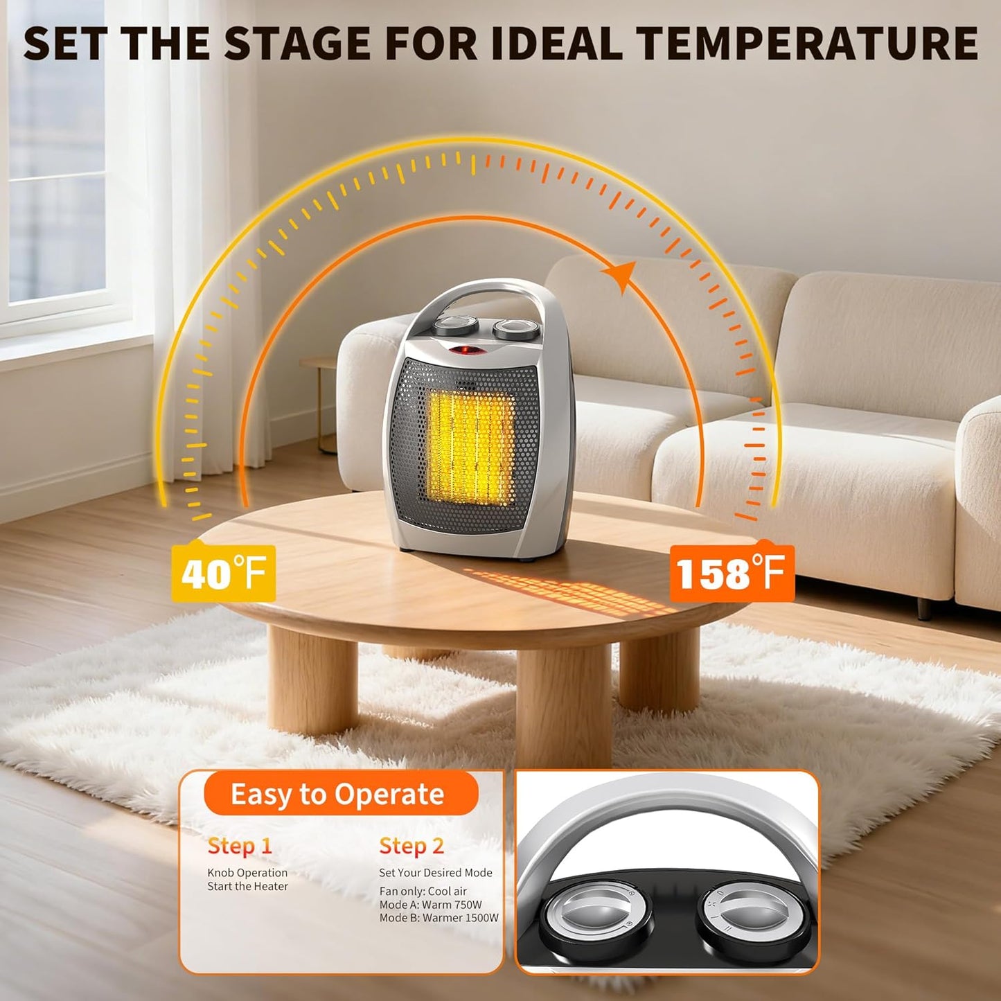 Riedhoff Electric Space Heater 1500W/750W, 2-in-1 Fast Heating Ceramic Desk Heater & Fan
