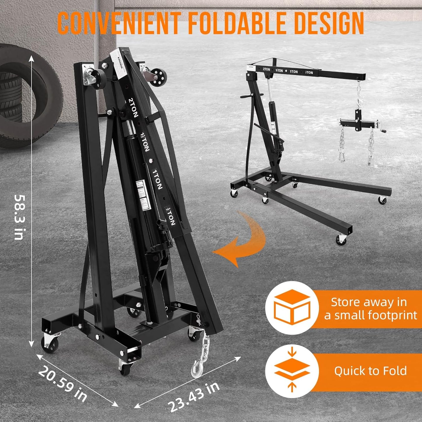 Garvee Steel Folding Hydraulic Engine Hoist, Heavy Duty with Lever, 2 Ton Max, 6 Wheels