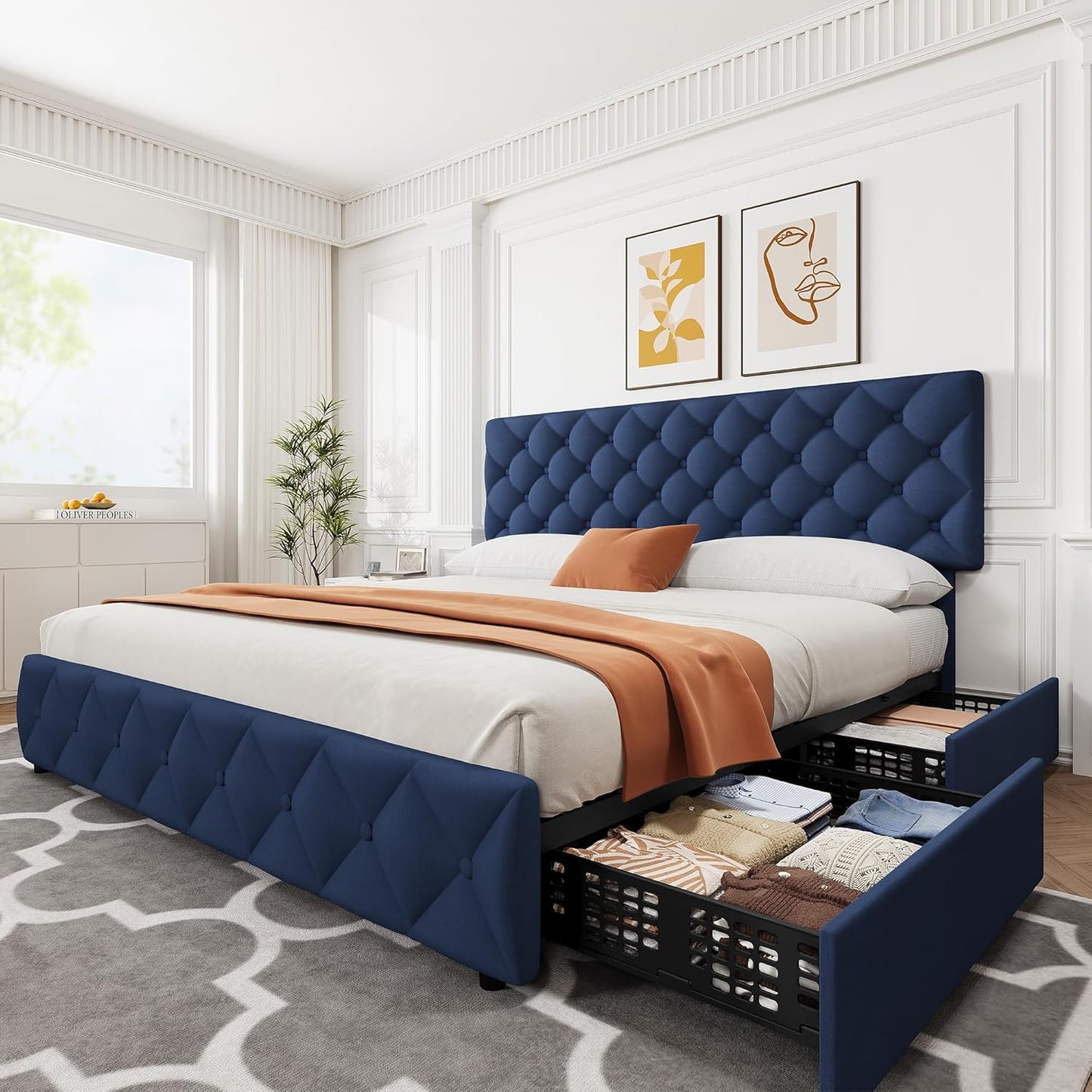 GARVEE Bed Frame with 4 Storage Drawers & Adjustable Headboard