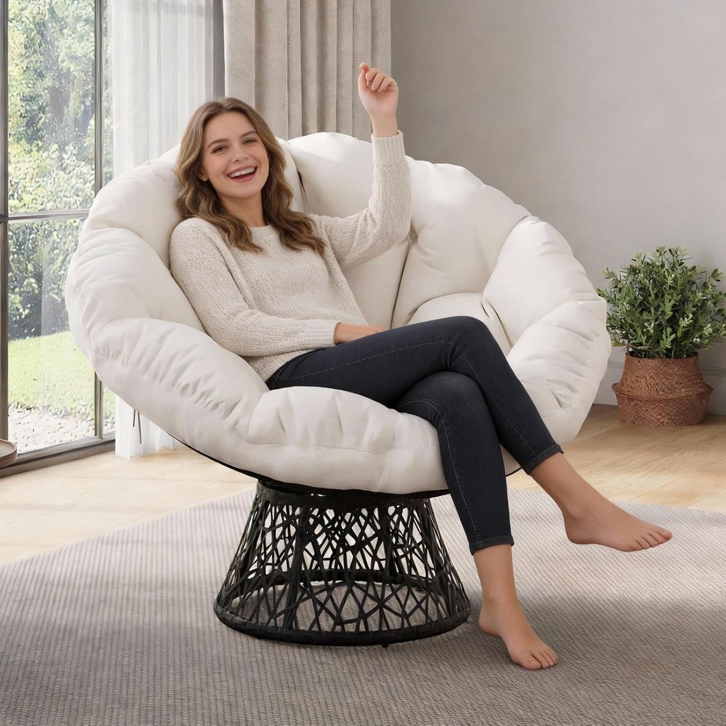 Riedhoff Wicker Papasan Chair 49 x 49 x 36", Extra-Thick Cushion, 360° Swivel Base