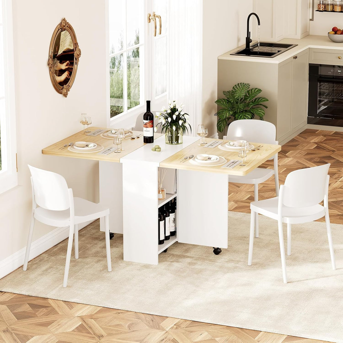 Garvee 47.2" Folding Dining Table, Folding and Expandable, 6 Wheels & 2 Storage Shelf