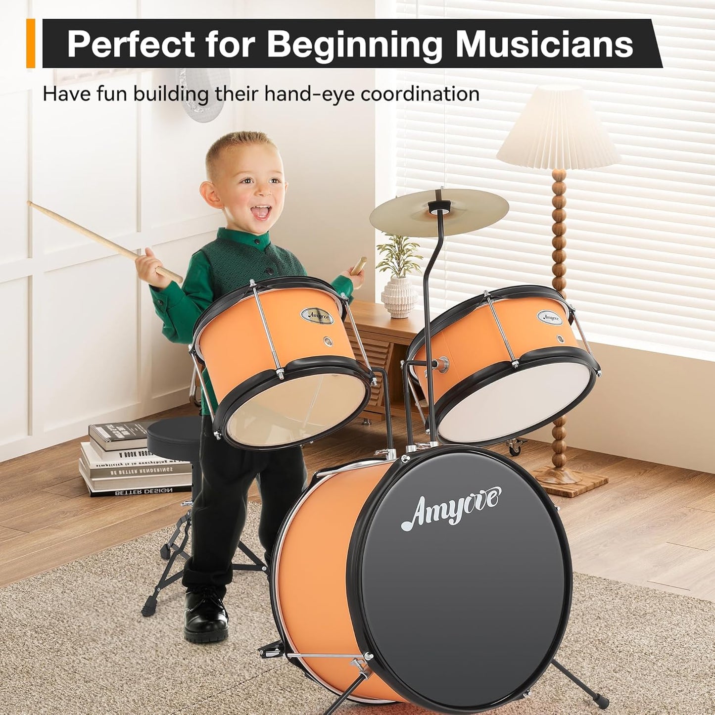 Garvee 3 Piece Beginner Drum Set for Kids Juniors, with Drum Sticks & Drum Throne Seat