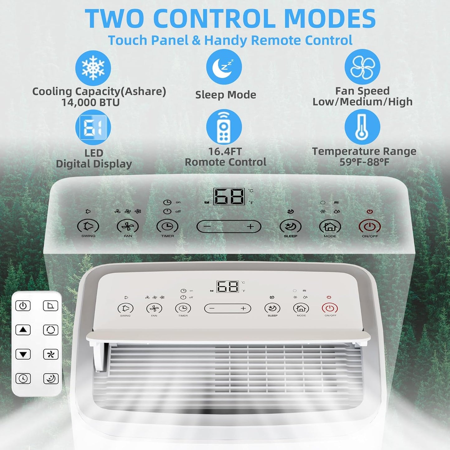 Goldensoil 14000 BTU Portable Air Conditioners Cool up to 750 Sq.ft, 4 Modes with Large LED Display