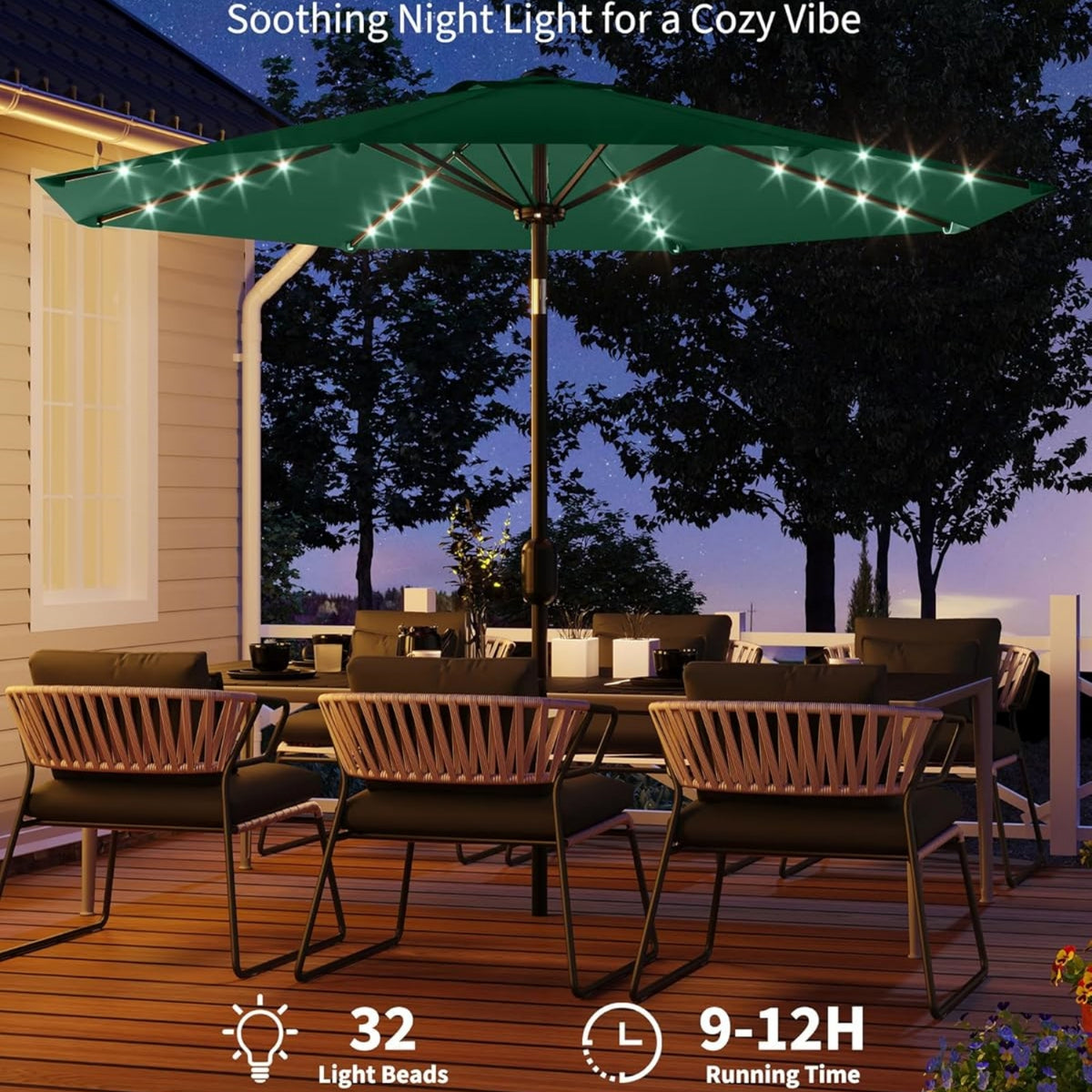 Riedhoff 9 feet Patio Umbrella with 32 LED Solar Lights, 8 Ribs, Tilt Crank