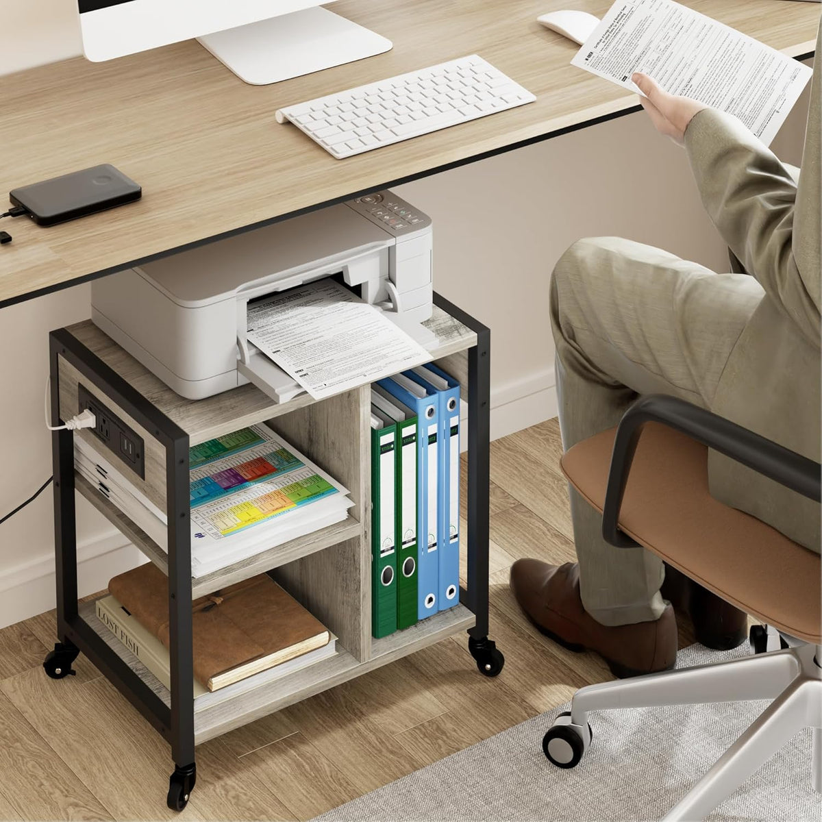 Garvee Rolling Printer Table, 3 Tiers, 17.3 x 11.8 x 18.1", with Lockable Wheels & Power Outlets