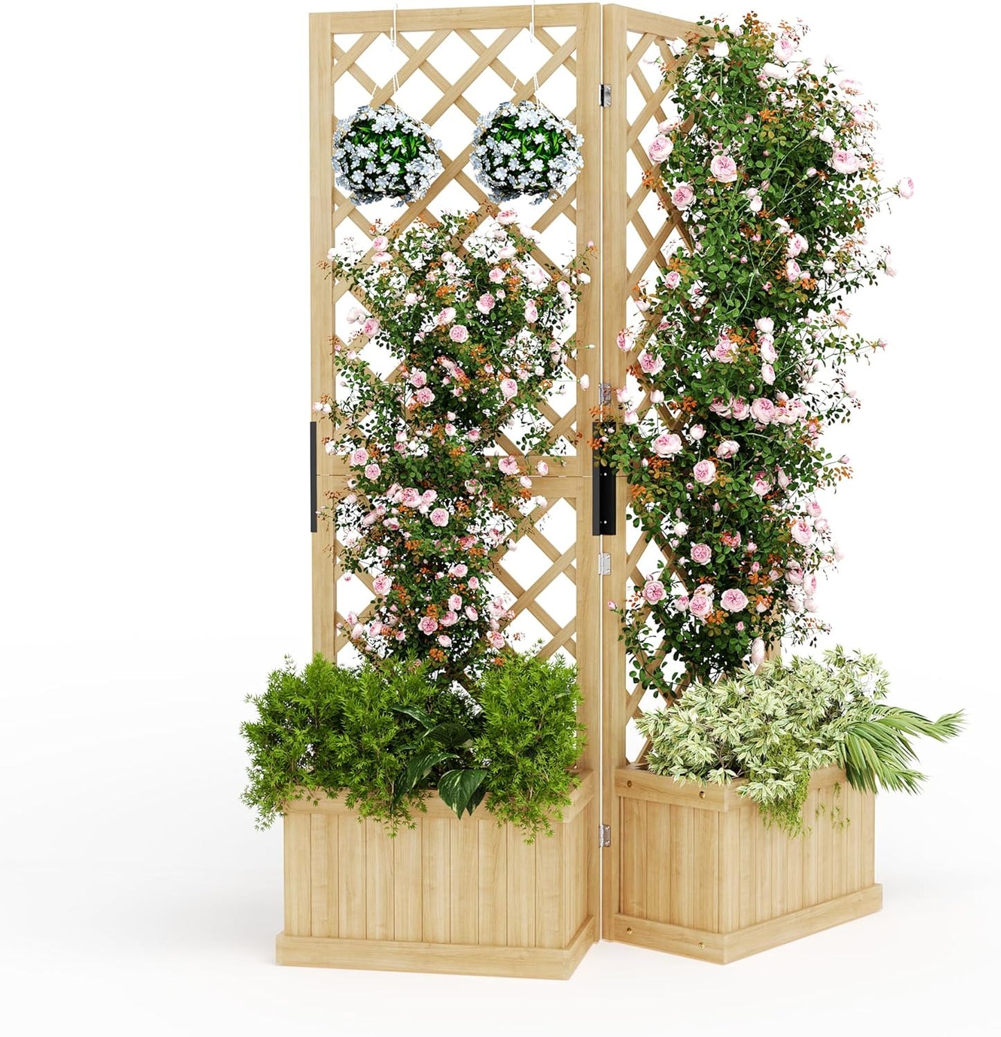 Riedhoff Outdoor Planter Boxes with 2 Privacy Screen, 41" x 10" x 65", Drain Holes, Natural