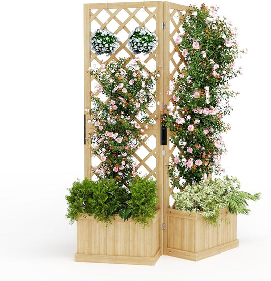 Riedhoff Outdoor Planter Boxes with 2 Privacy Screen, 41" x 10" x 65", Drain Holes, Natural