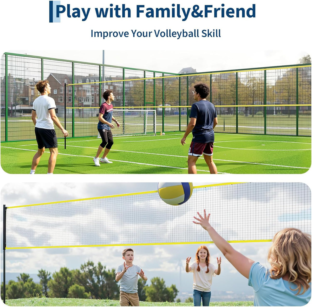 Riedhoff Portable 32 ft x 8 ft Outdoor Volleyball Net Set, with Adjustable Height, Yellow & Black