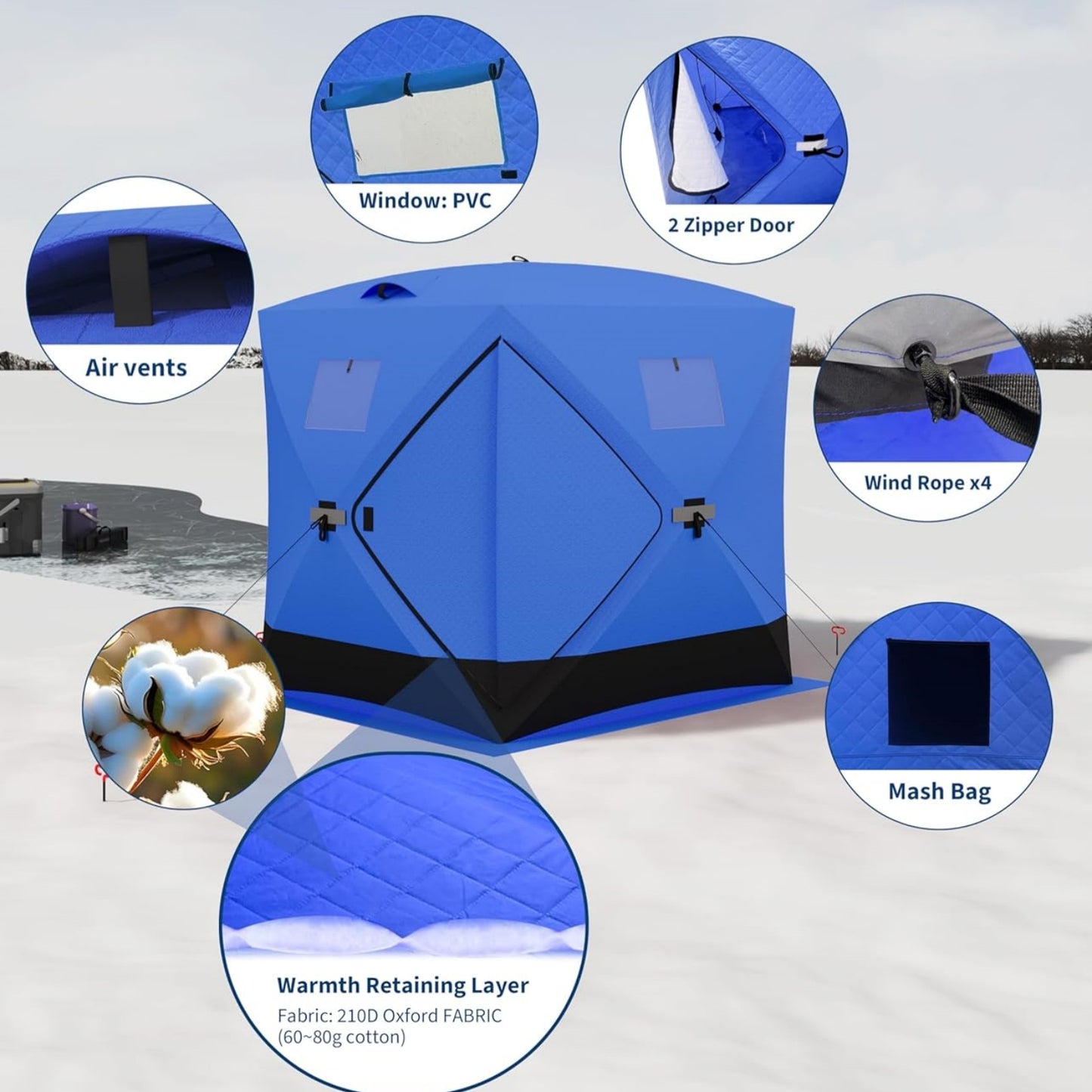 Garvee Ice Fishing Insulated Tent, 6-7 Person Shelter, 70.8 x 70.8 x 78.7"
