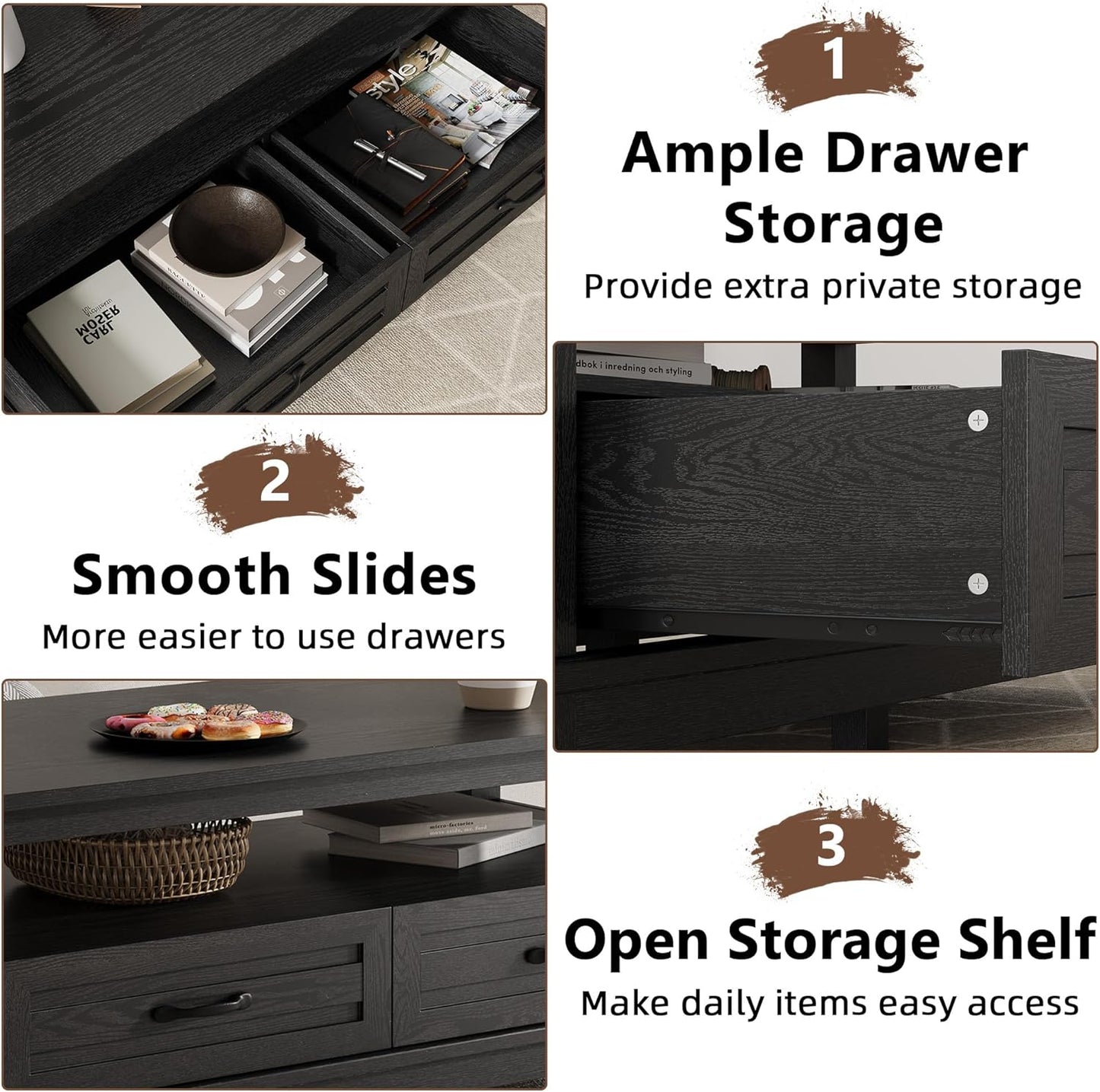 Garvee Farmhouse Coffee Table with 2 Drawers, 47.24 x 23.62 x 19", Open Shelf