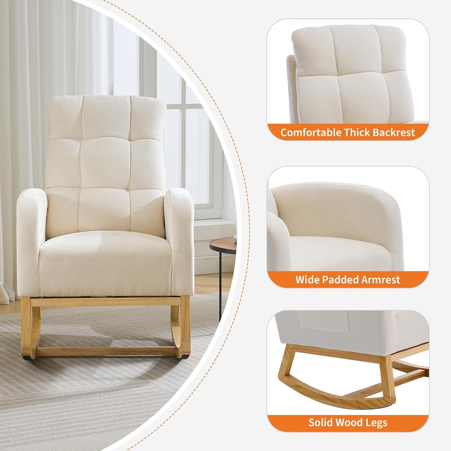 Garvee Nursery Rocking Chair 34.2 x 25.9 x 40.9", with USB Port, High Back, Beige