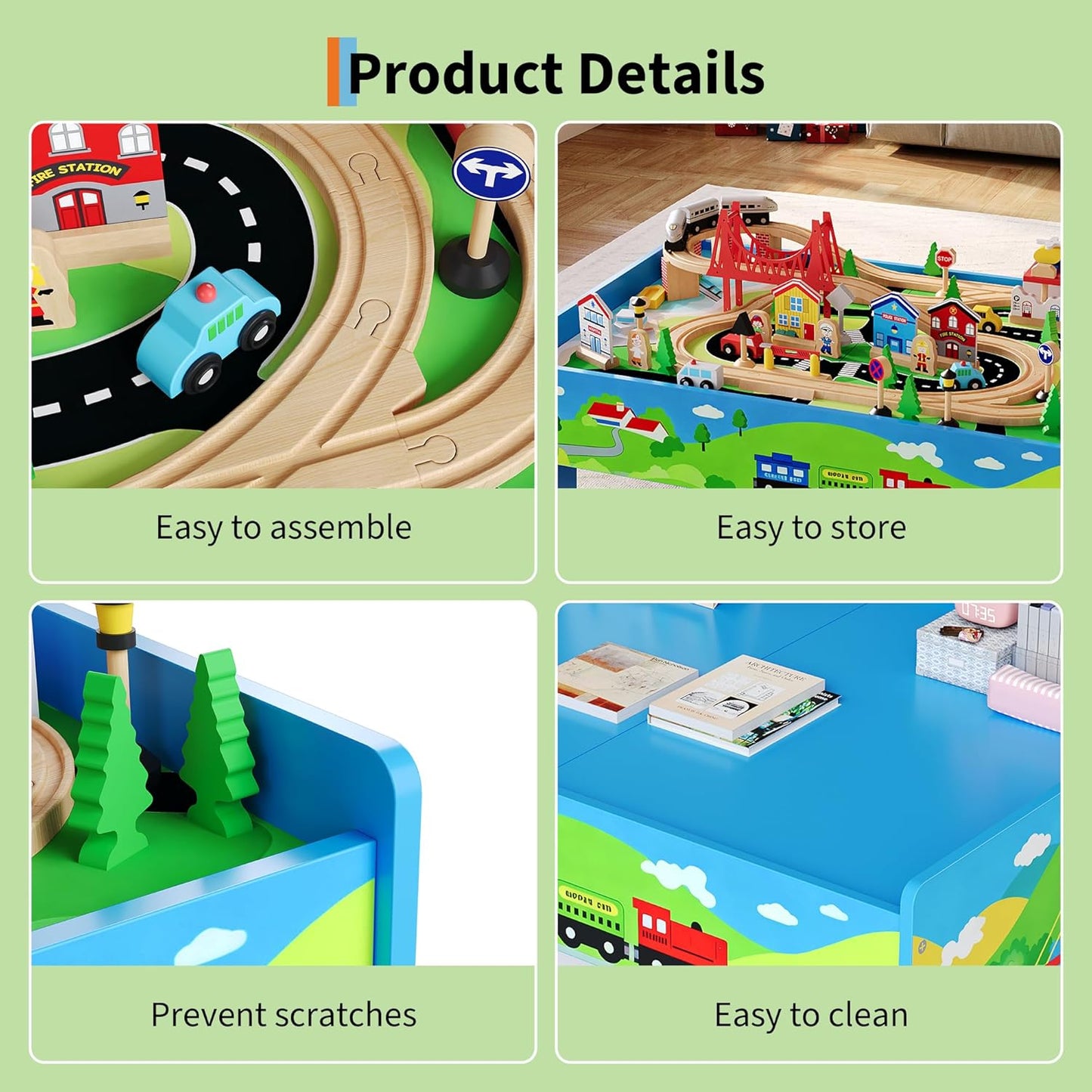 Garvee Wooden ﻿Train Table 33" x 24" x 16", with 80 Multicolor Piece, for Toddlers 3+