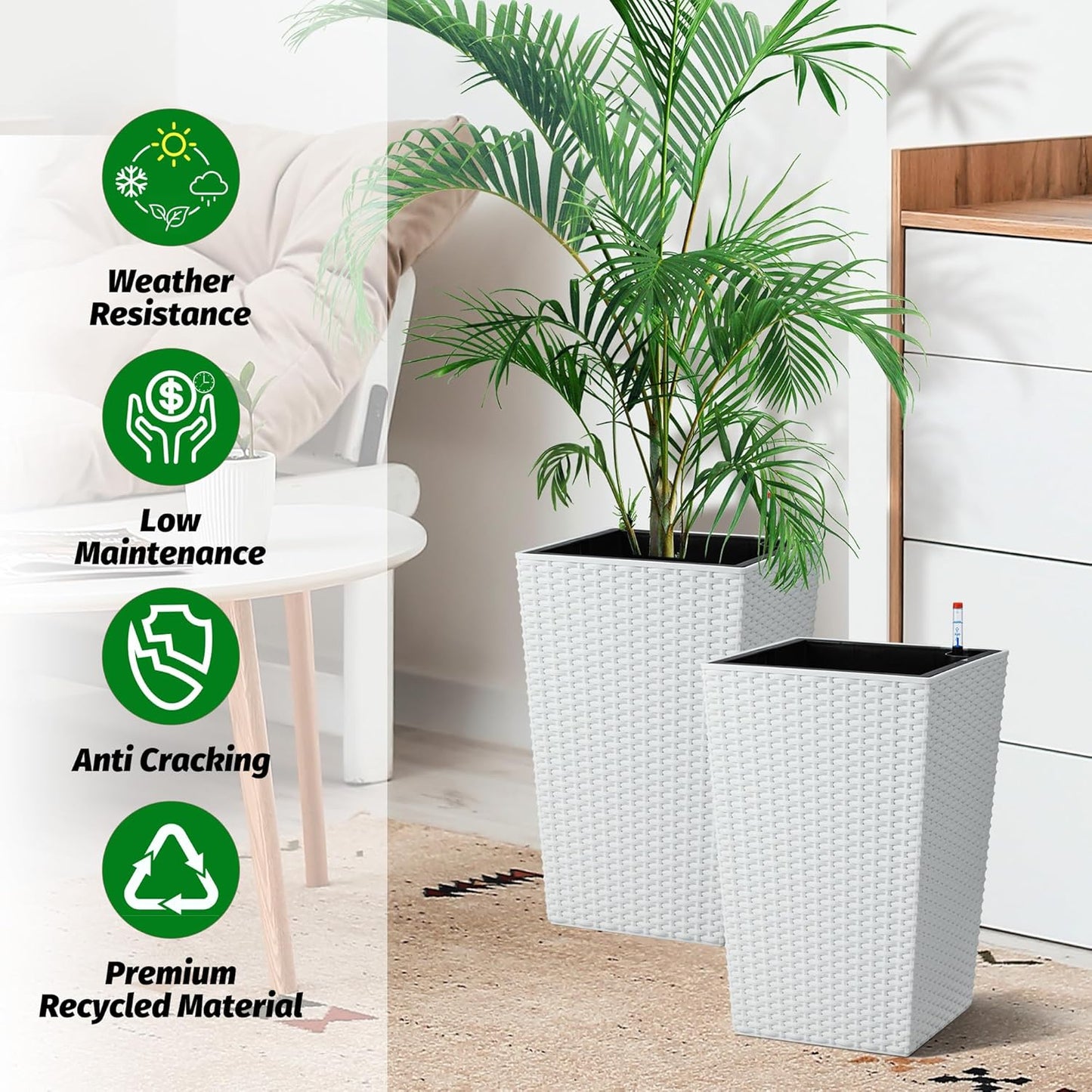 Garvee 15.6" Tall Planter Pots Set of 2, Rattan style, Tray & Water Level Monitor