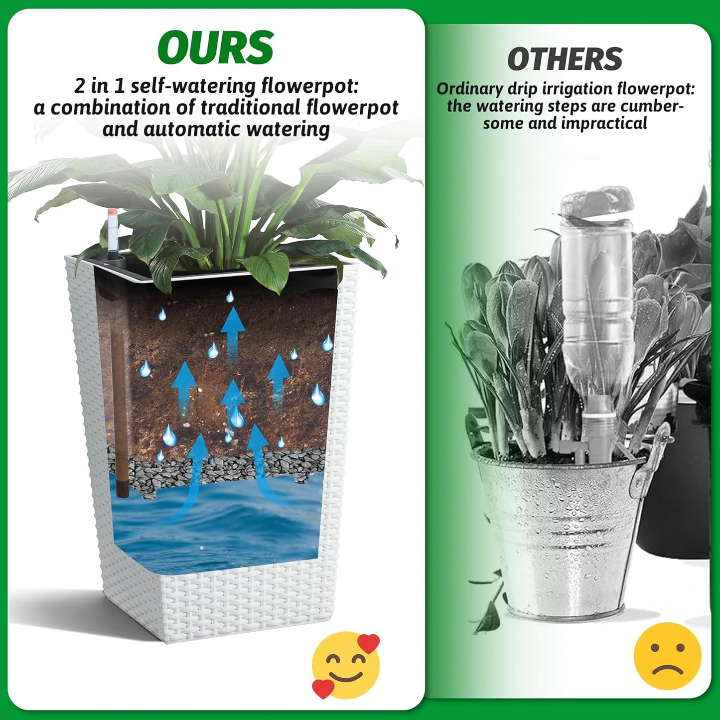 Garvee 15.6" Tall Planter Pots Set of 2, Rattan style, Tray & Water Level Monitor
