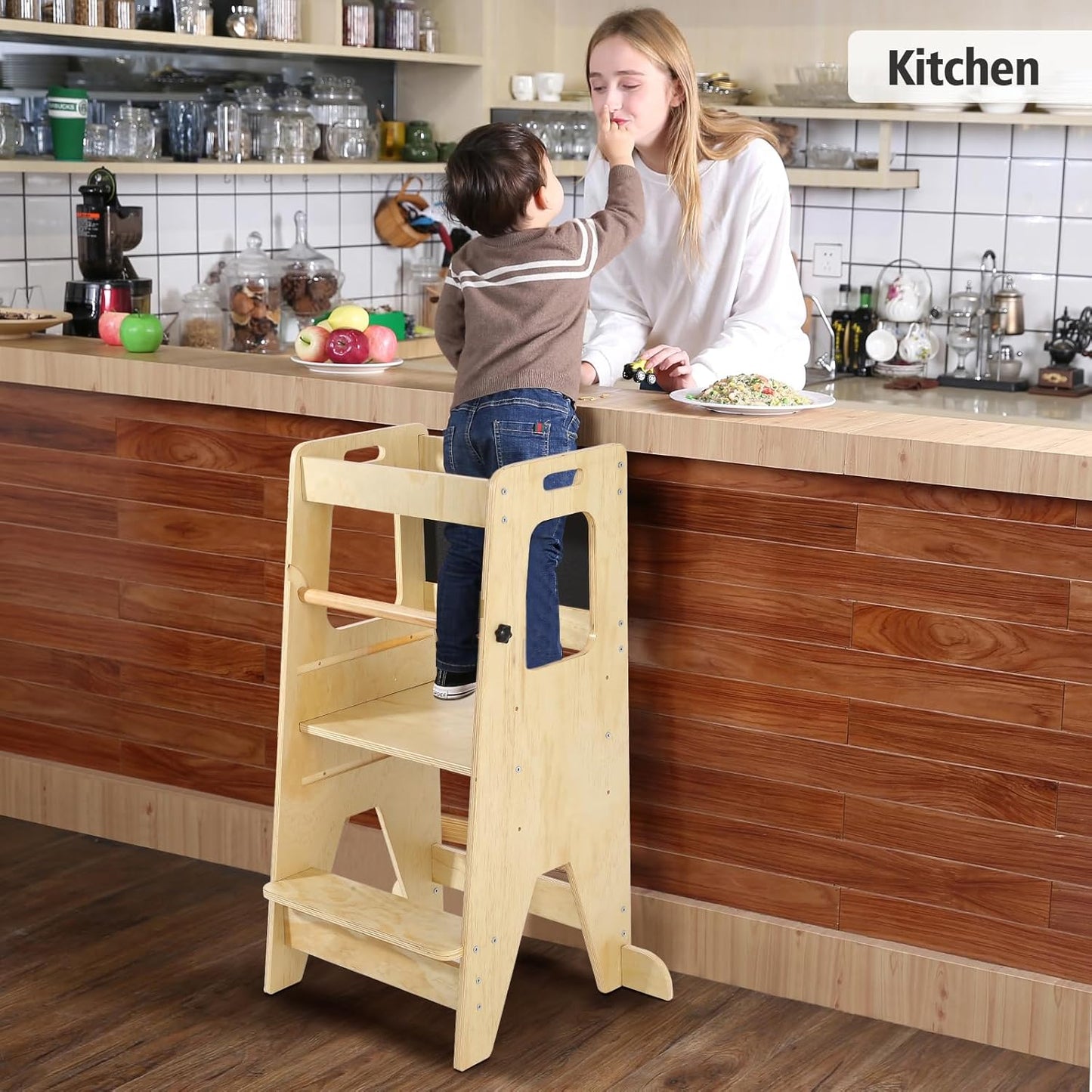 Garvee Kids Kitchen Step Stool, 17.32 x 16.54 x 35.43", 3 Height Adjustable with Safety Guardrail, Oak