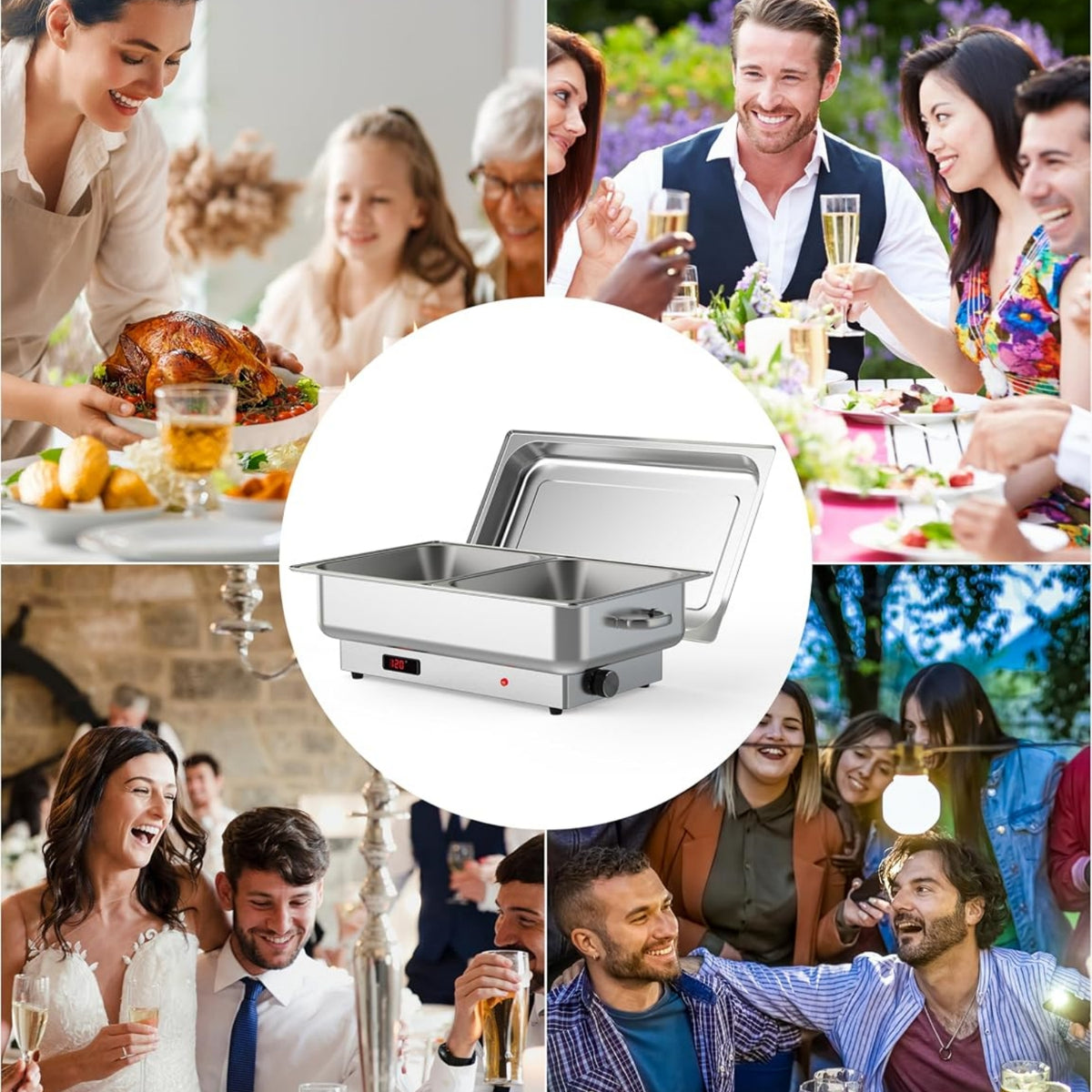 Riedhoff 9 qt Stainless Steel Electric Chafing Dish, with 2 Half-Size Pans and Lid, Silver