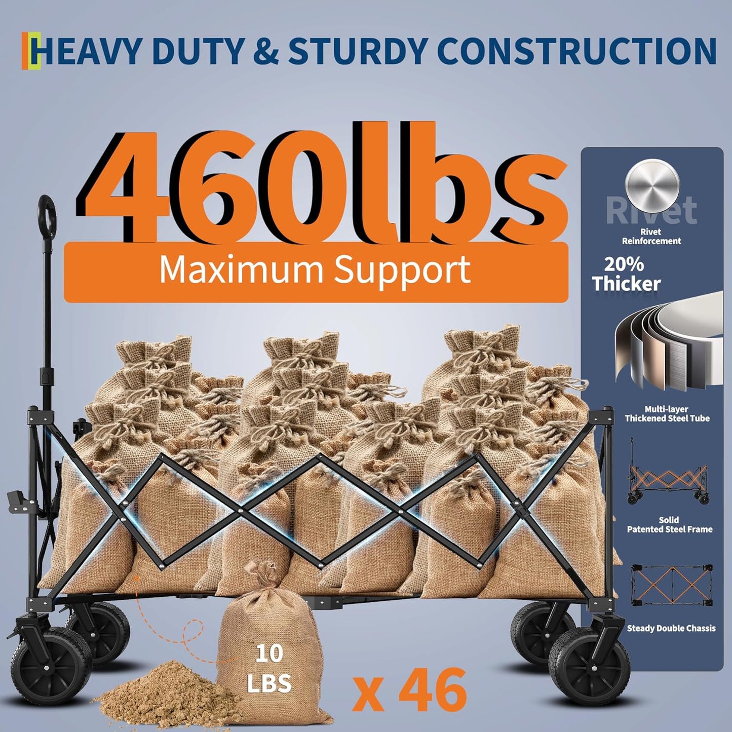 Garvee Extra Long Collapsible Wagons Carts, 54 x 29 x 42", All Terrain Wheels, Cup Holders