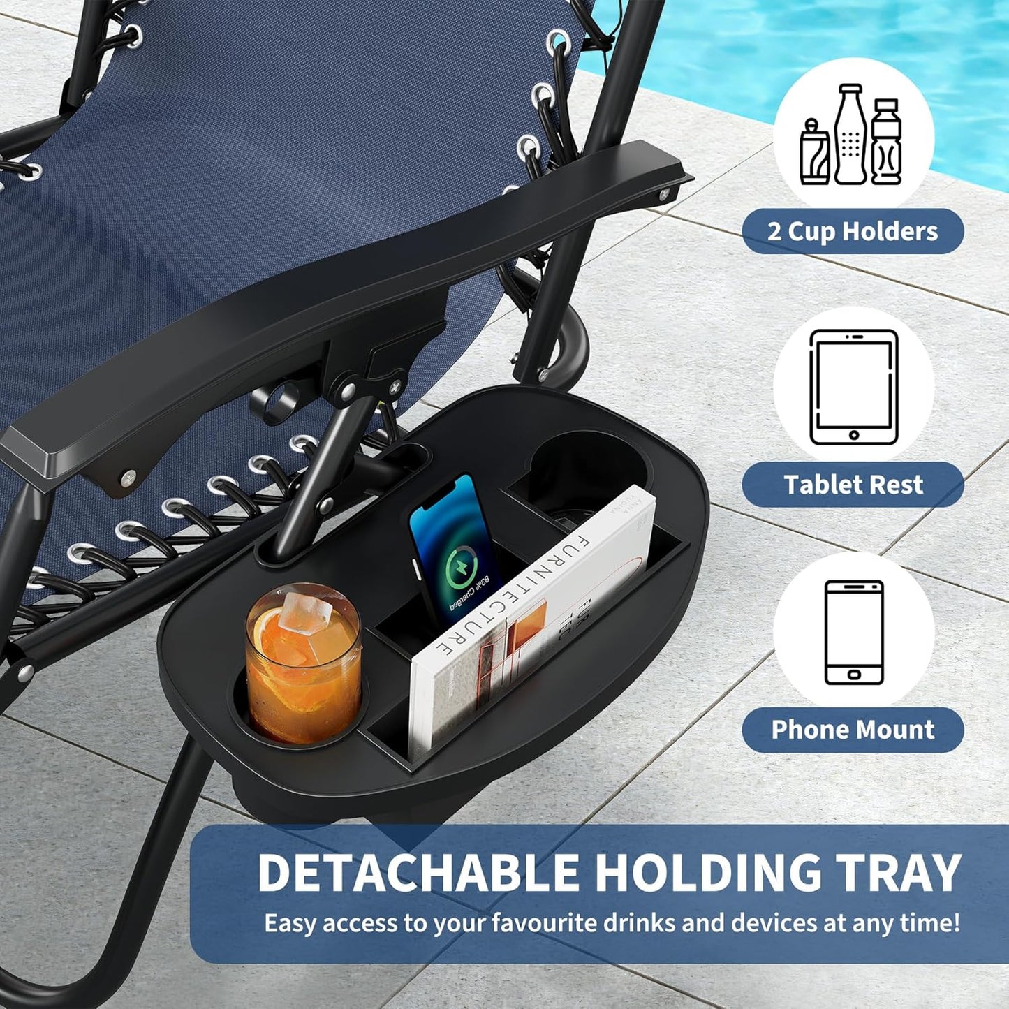 Garvee Adjustable Zero Gravity Lounge Chair Set of 2, Pillow & Cup Holder Tray