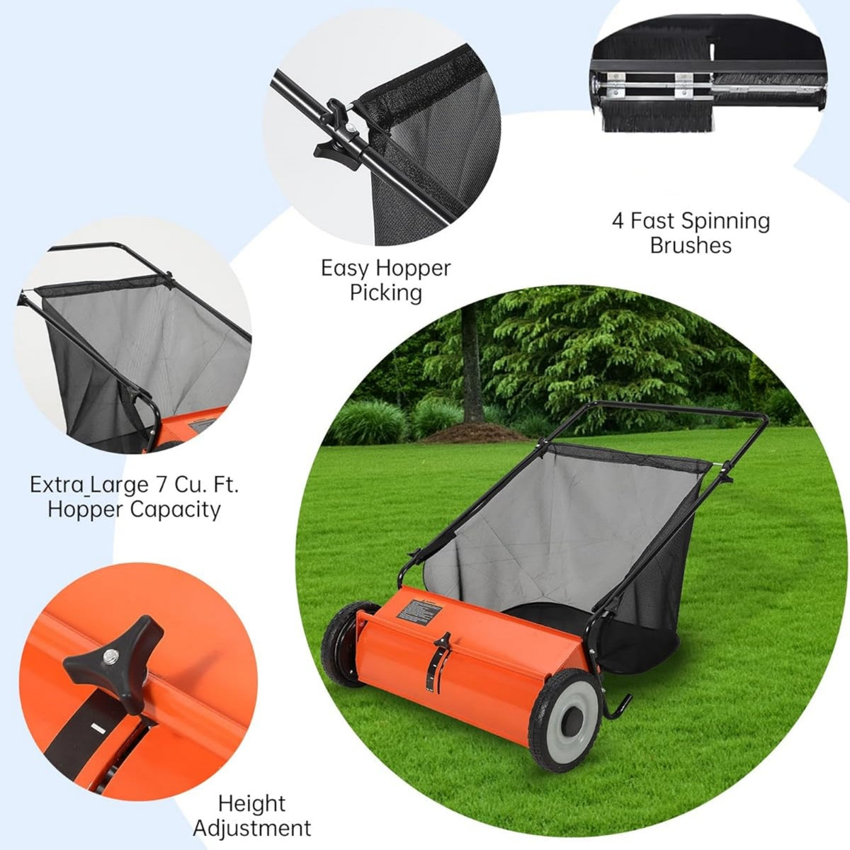 Riedhoff 26" Push Lawn Sweeper,4 Spinning Brushes, 7 Cu. Ft Capacity Collection Bag, Adjustable Height