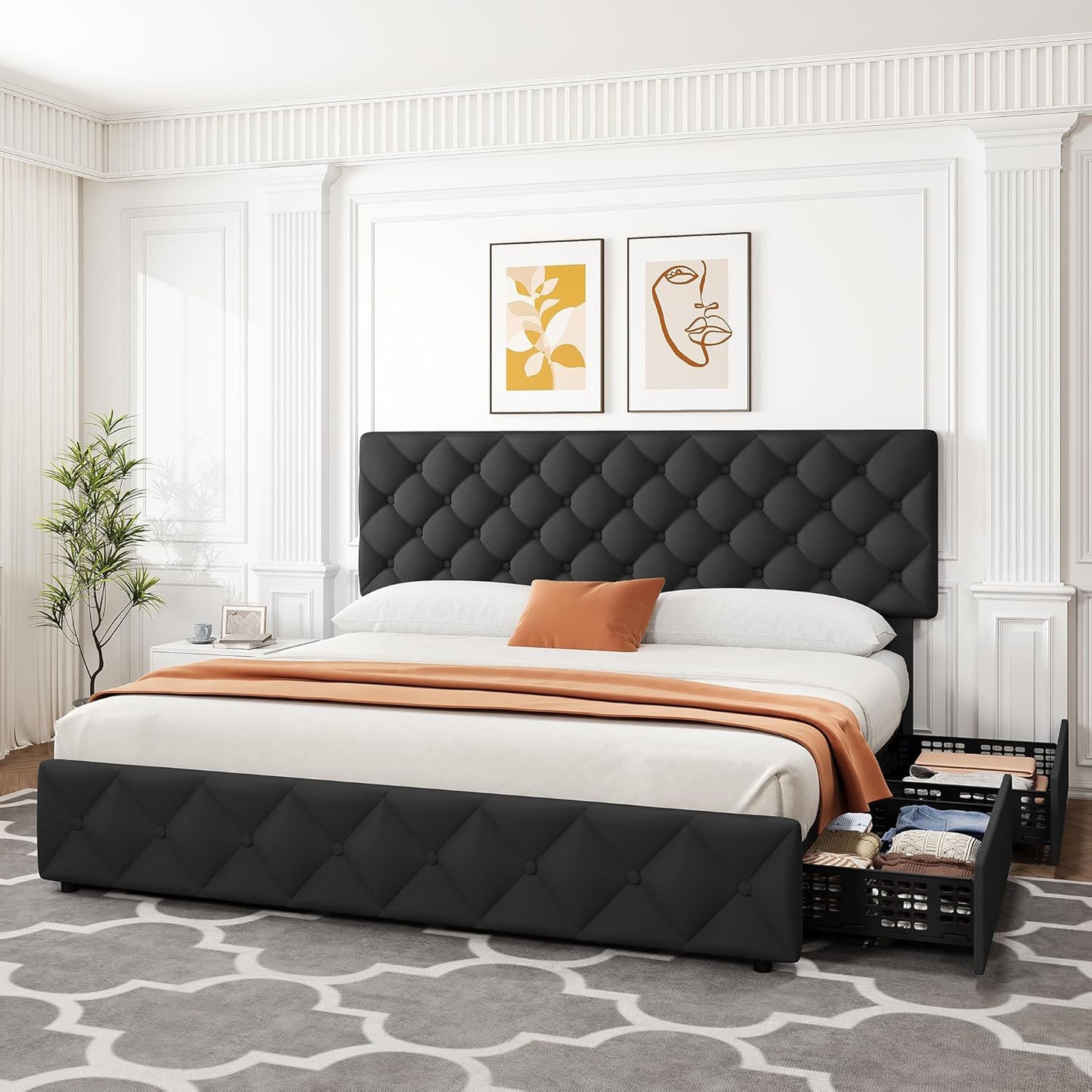 GARVEE Bed Frame with 4 Storage Drawers & Adjustable Headboard