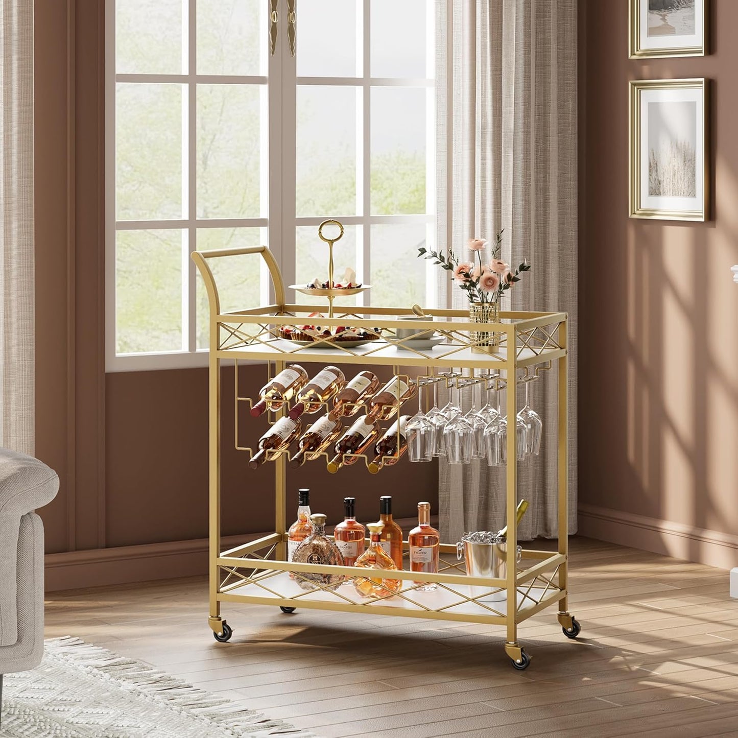 Garvee Bar Serving Cart, with 2-Tier Storage Shelves, Wine Rack, Glass Holder, Golden